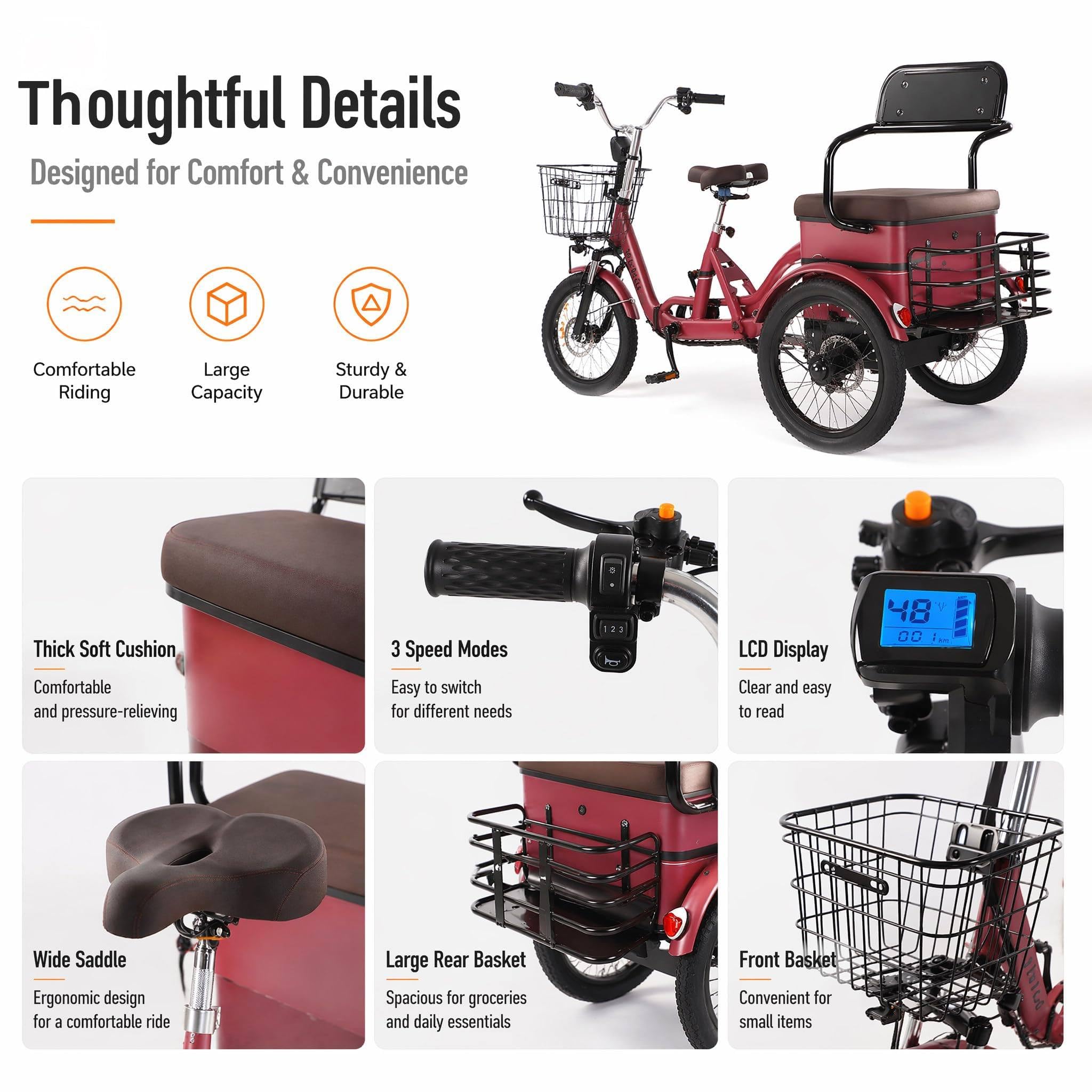 Triciclo Elettrico a Due Posti per Adulti, Ebike a 3 Ruote con Sedile Passeggero, 7 velocità, Pneumatici Larghi da 18" X 4,0", Cestini Anteriori E Posteriori, Doppi Freni a Disco Green