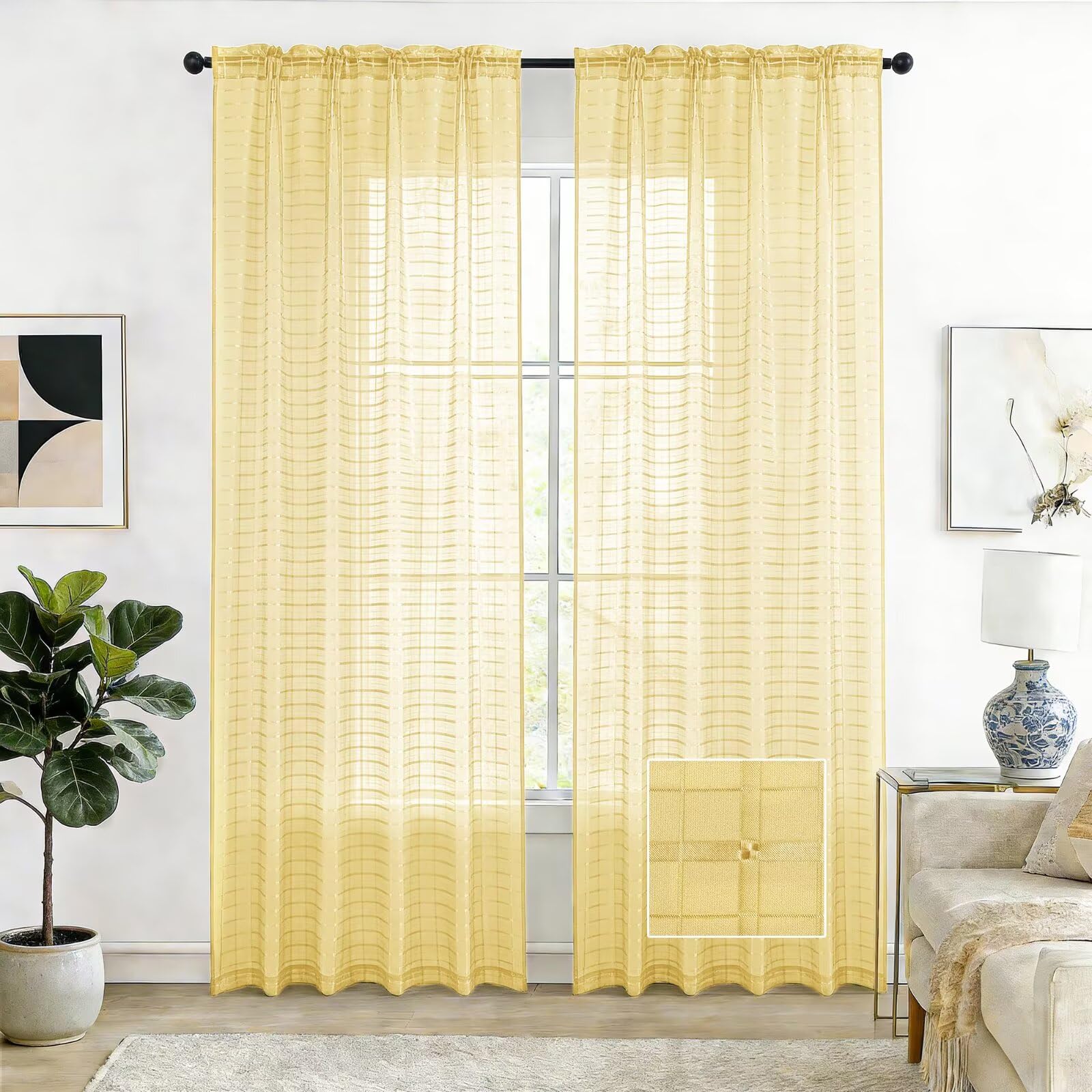 SpaceDresser Check Sheer Curtains 84 Inches Long for Living Room, Rod Pocket Plaid Semi Sheer Drapes for Kitchen Bedroom(Yellow, 52W x 84L) — image 1