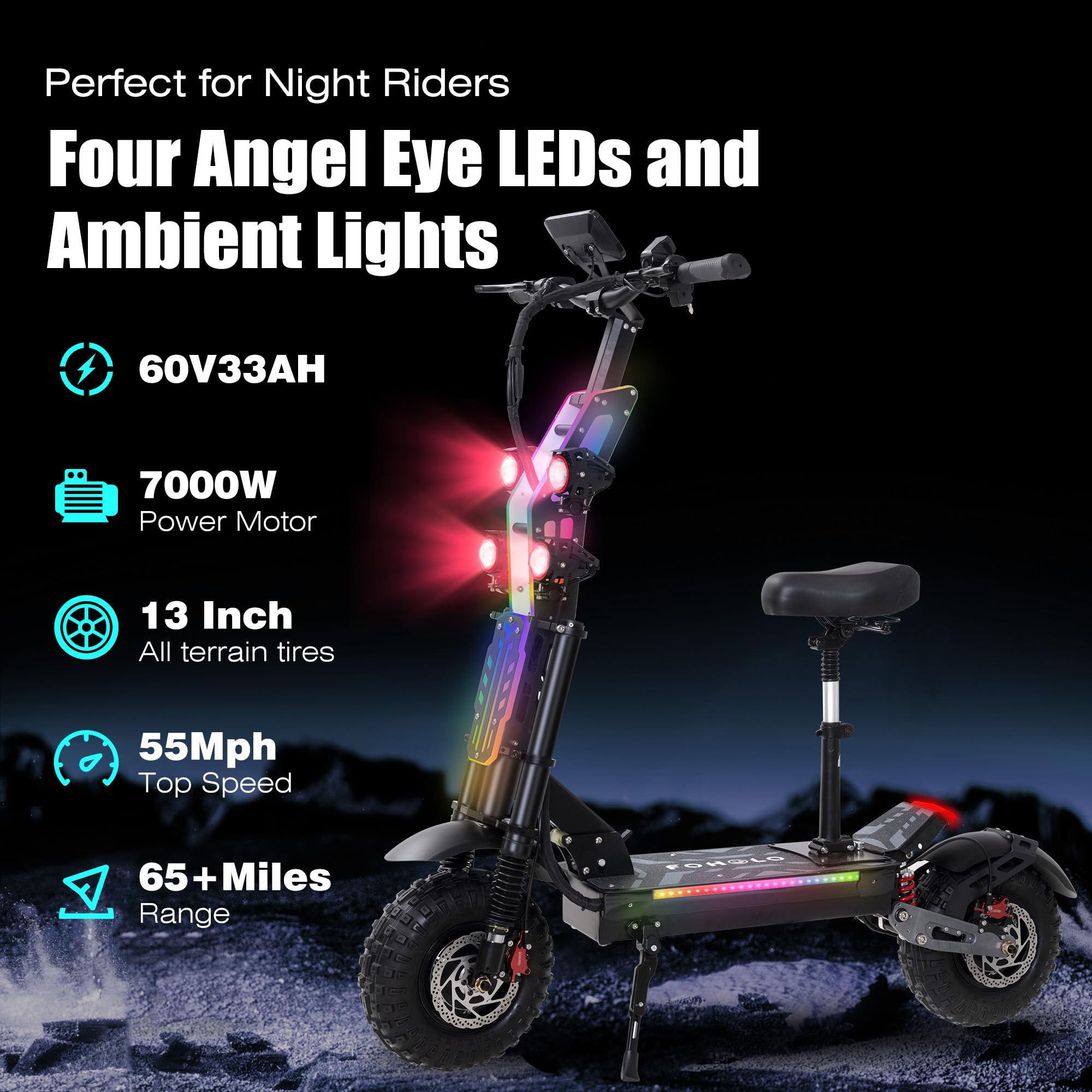Electric Scooter Adult 7000W Brushless Motor Up to 55 MPH, 60V 33Ah Li-Ion Battery Range 65+ Miles, 13 