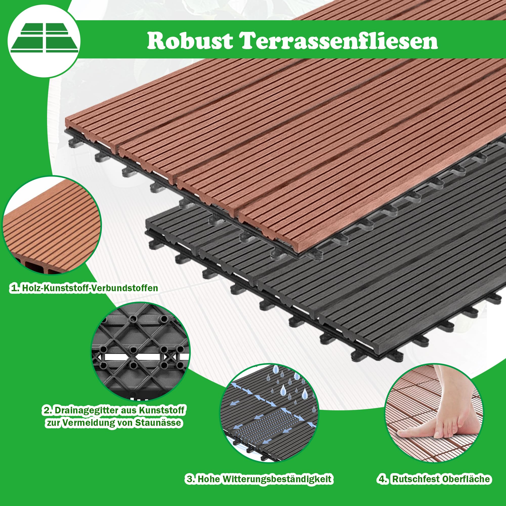 SUBTLETY 5m² WPC Terrassenfliesen 6 Stück Holzoptik Balkonfliesen 30x60cm Klickfliesen Set mit Drainage Gitter Kunststoff Gartenfliesen Bodenfliesen für Garten Terrasse Balkon Teich (Anthrazit)
