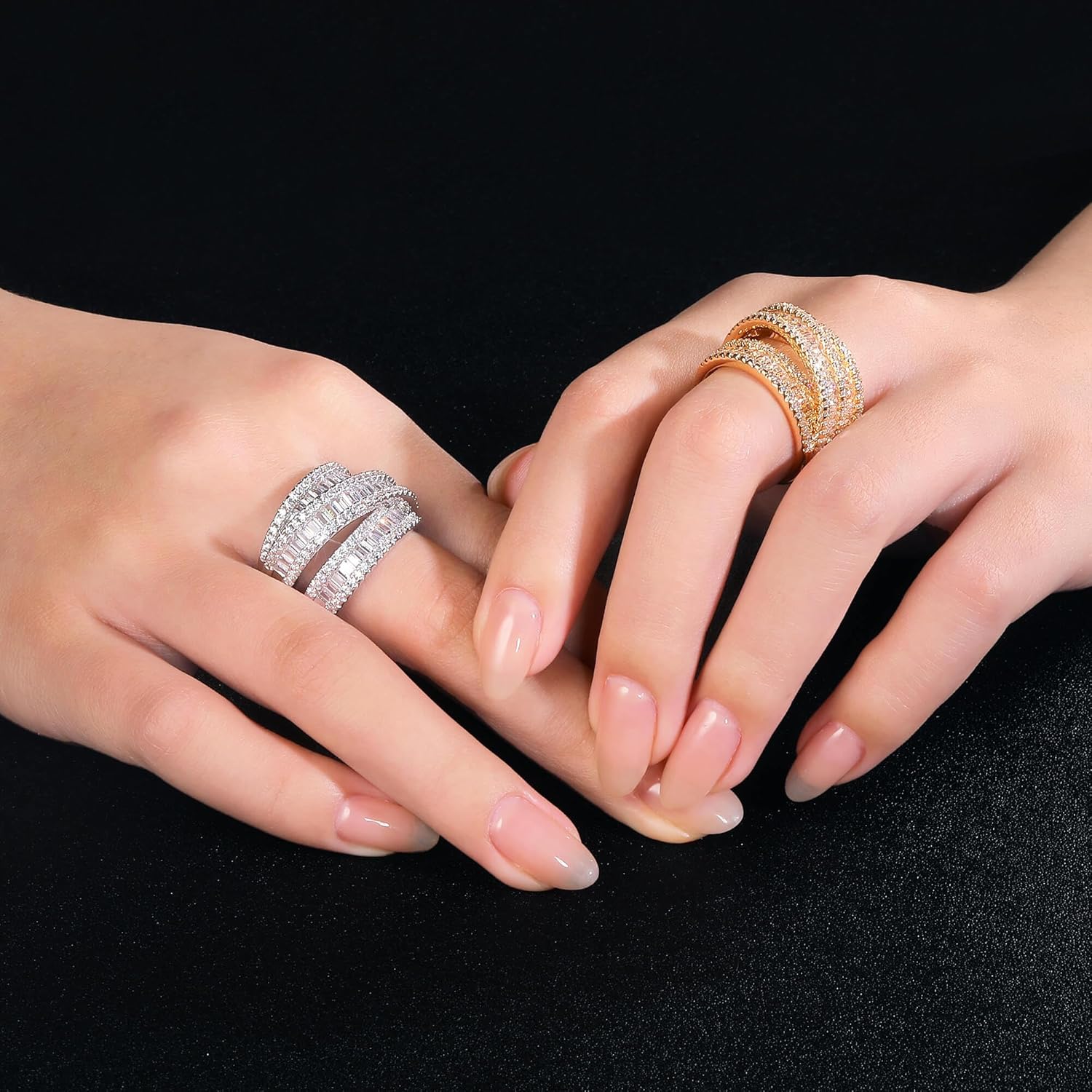 MDFUN 18K White Gold/Yellow Gold Plated Halo Wedding Eternity Ring for Women, 3 Rows Emerald Cut Cubic Zirconia Rings Statement Band Size 5-10 - Image 2