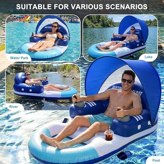 Motorized Pool Float with Canopy, Rechargeable Dual Motor Electric Lounge Raft for Pool & Lake