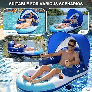 Motorized Pool Float with Canopy, Rechargeable Dual Motor Electric Lounge Raft for Pool & Lake