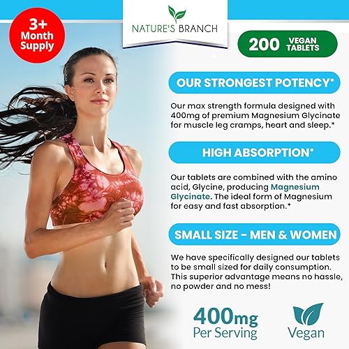 Miniatura 2 de Glicinato de magnesio 400 mg - 200 tabletas - Alta absorción, suplemento Mag de bisglicinato no tamponado para dormir, calambres en las piernas,
