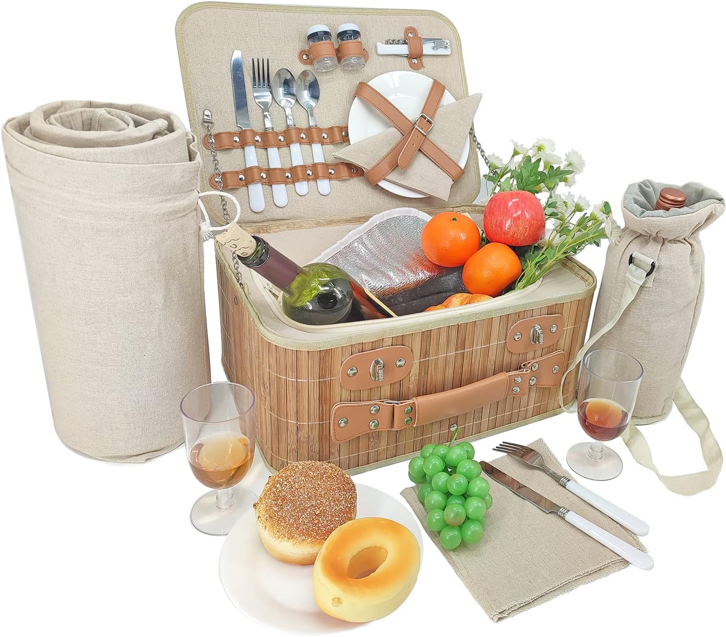 Picnic Basket for 2 with Waterproof Blanket and Insulated