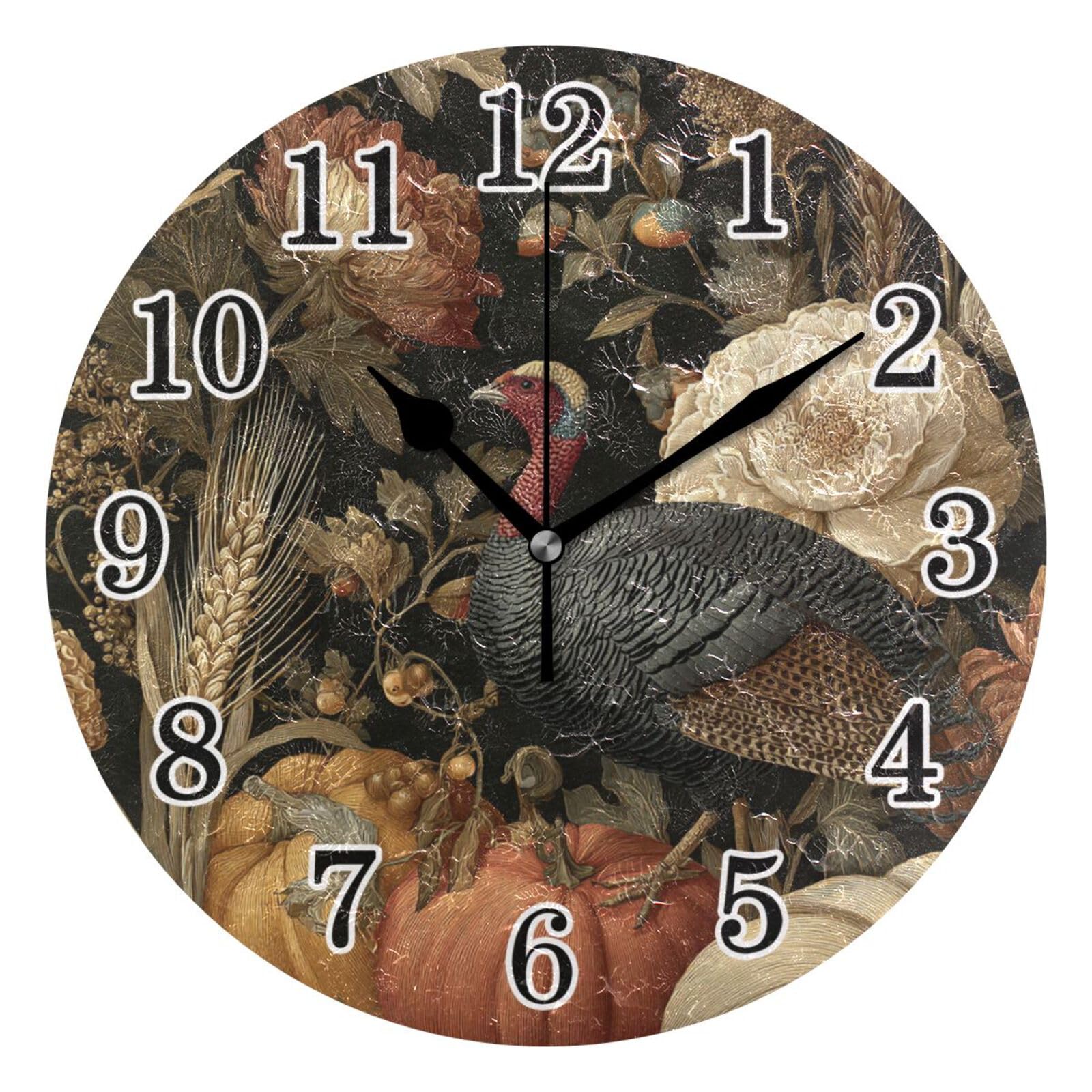 Horloge murale Thanksgiving de 25cm silencieuse style poulet d'automne pour salon et bureau
