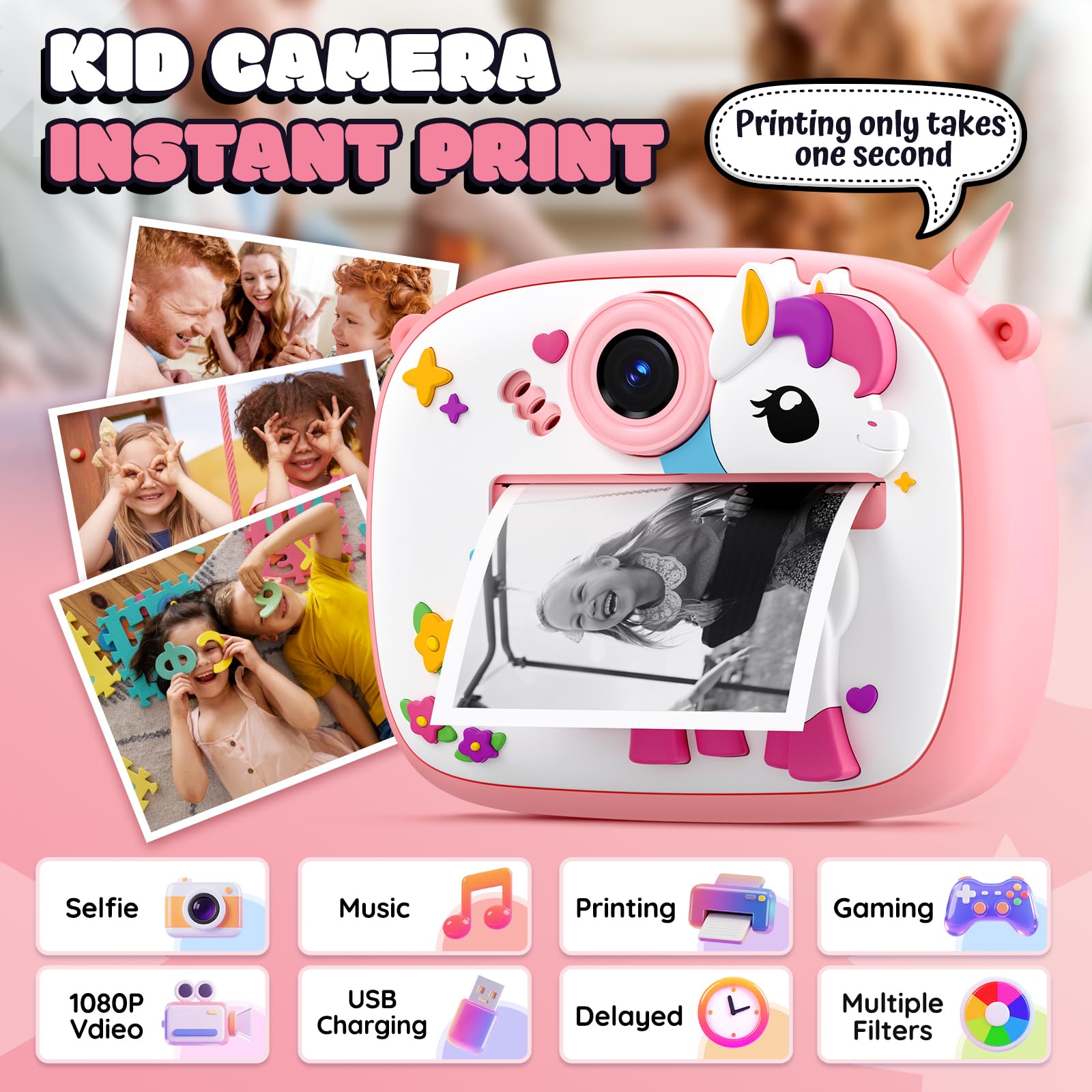 YOZISS Macchina Fotografica Bambini Istantanea, 1080P macchina fotografica istantanea bambini con 3 Rotoli di Carta da Stampa, Regalo per Bambini dai 3 a 14(Pony Rosa)