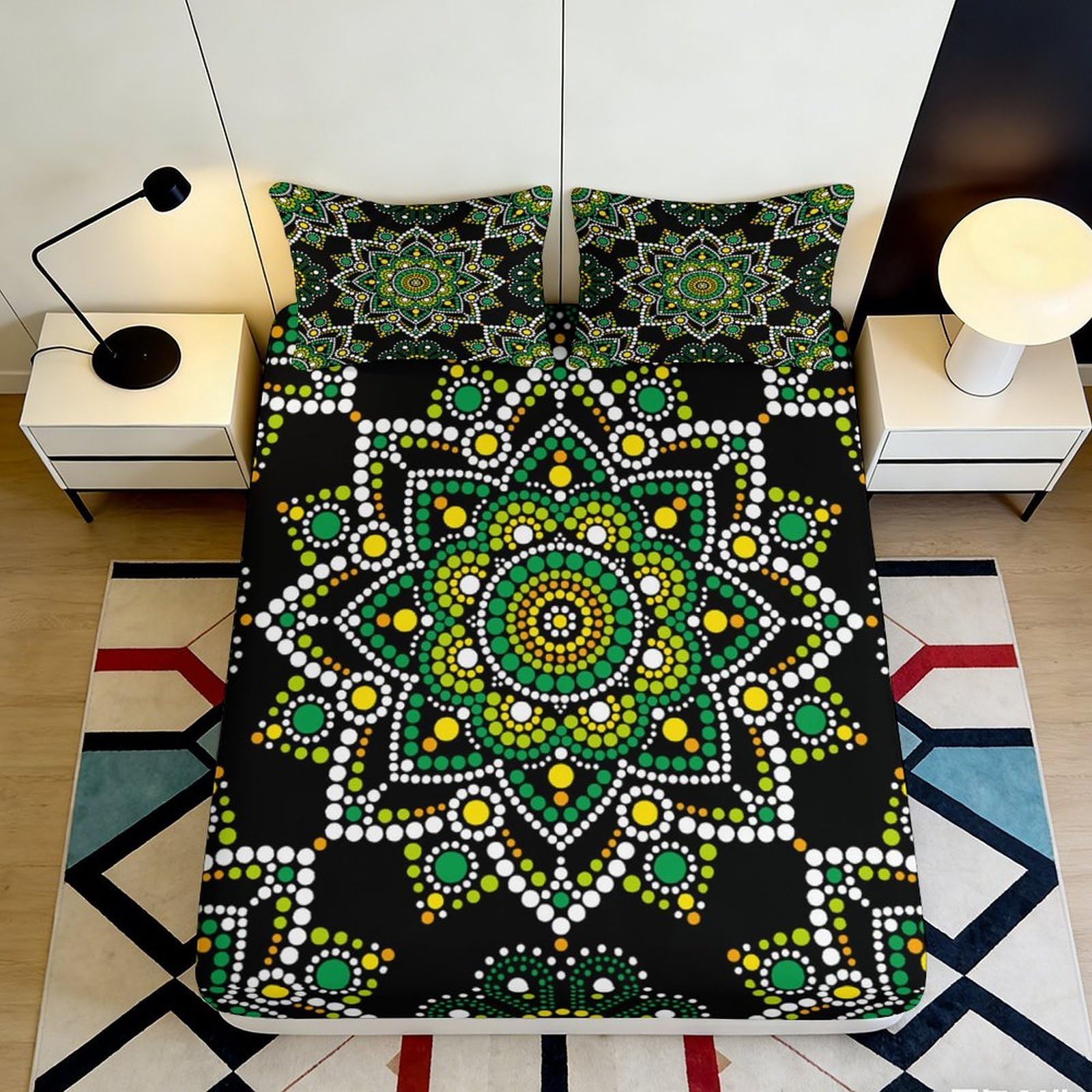 3D Printed Mandala Fitted Sheet Microfiber Deep Pocket Bedroom Bedding for Adults Mandala Mattress Fitted Cover 200x200x25cm