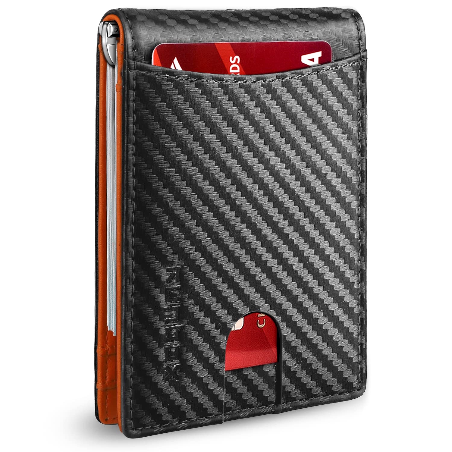 RUNBOX Slim Wallets for Men with RFID Blocking & Minimalist Mens Front Pocket Wallet Leather Black&inner Orange