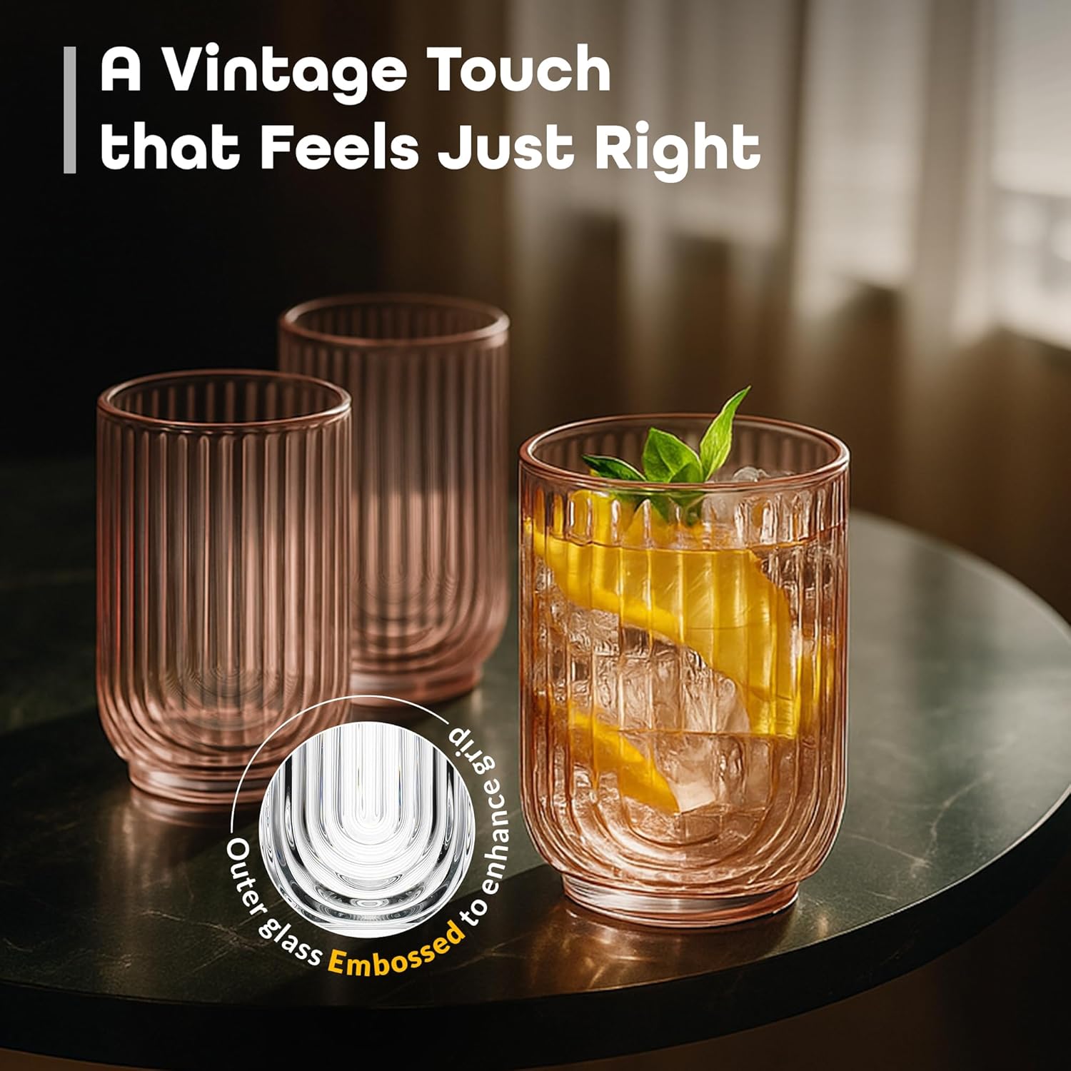 Glaver's Vintage Glassware Art Deco Glasse Ribbed Drinking Glasses U-Shape Arch Design Colored Cocktail Kitchen Tumblers Everyday Dinner Decorative Party (Pink S/4 17oz) - Image 6