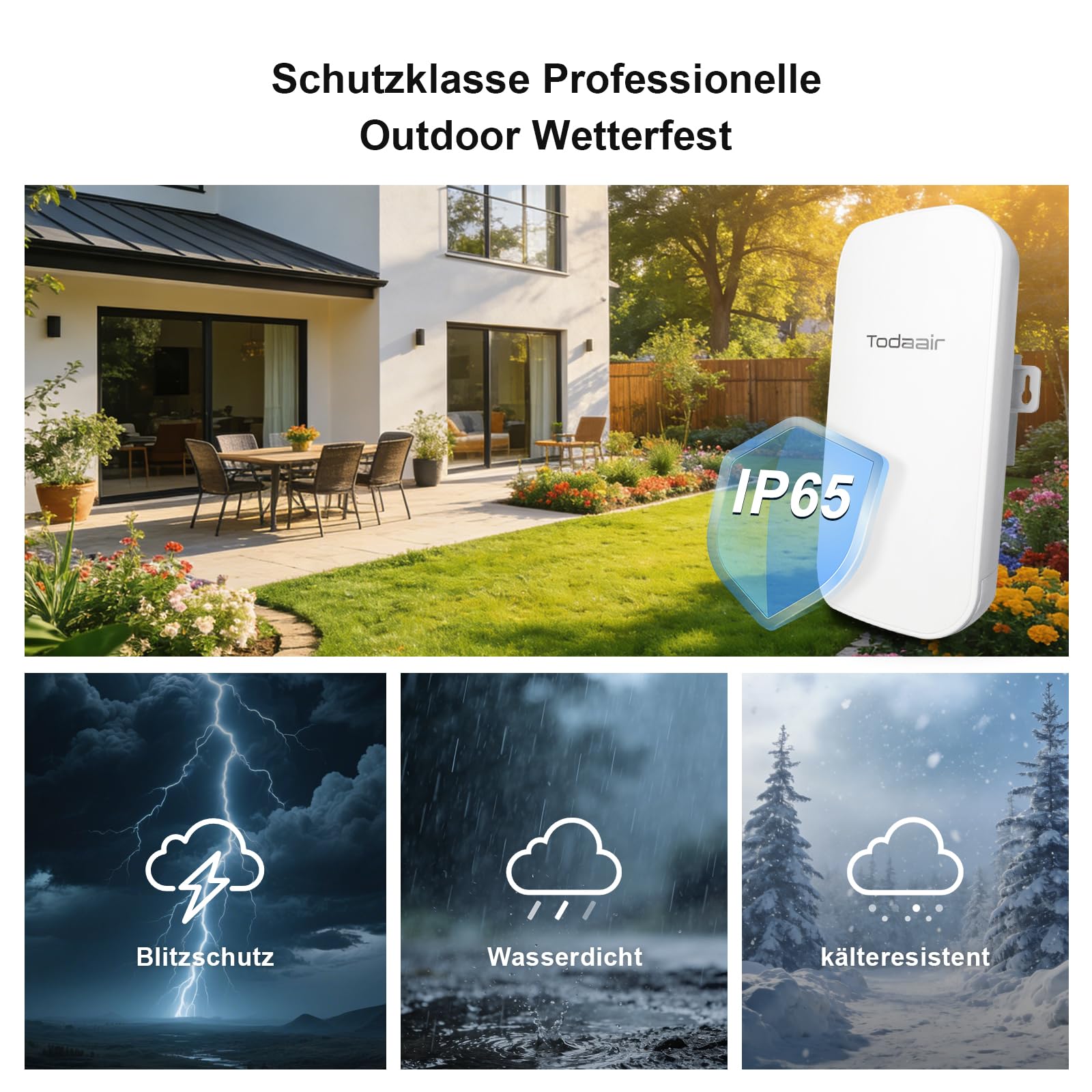TODAAIR Rallonge Wi-Fi d'extérieur 1200 Mbps double bande, WiFi 6/7 WPA3 Enterprise, IP65 résistant aux intempéries, mode AP et répéteur, compatible avec les routeurs courants, pour cour, jardin