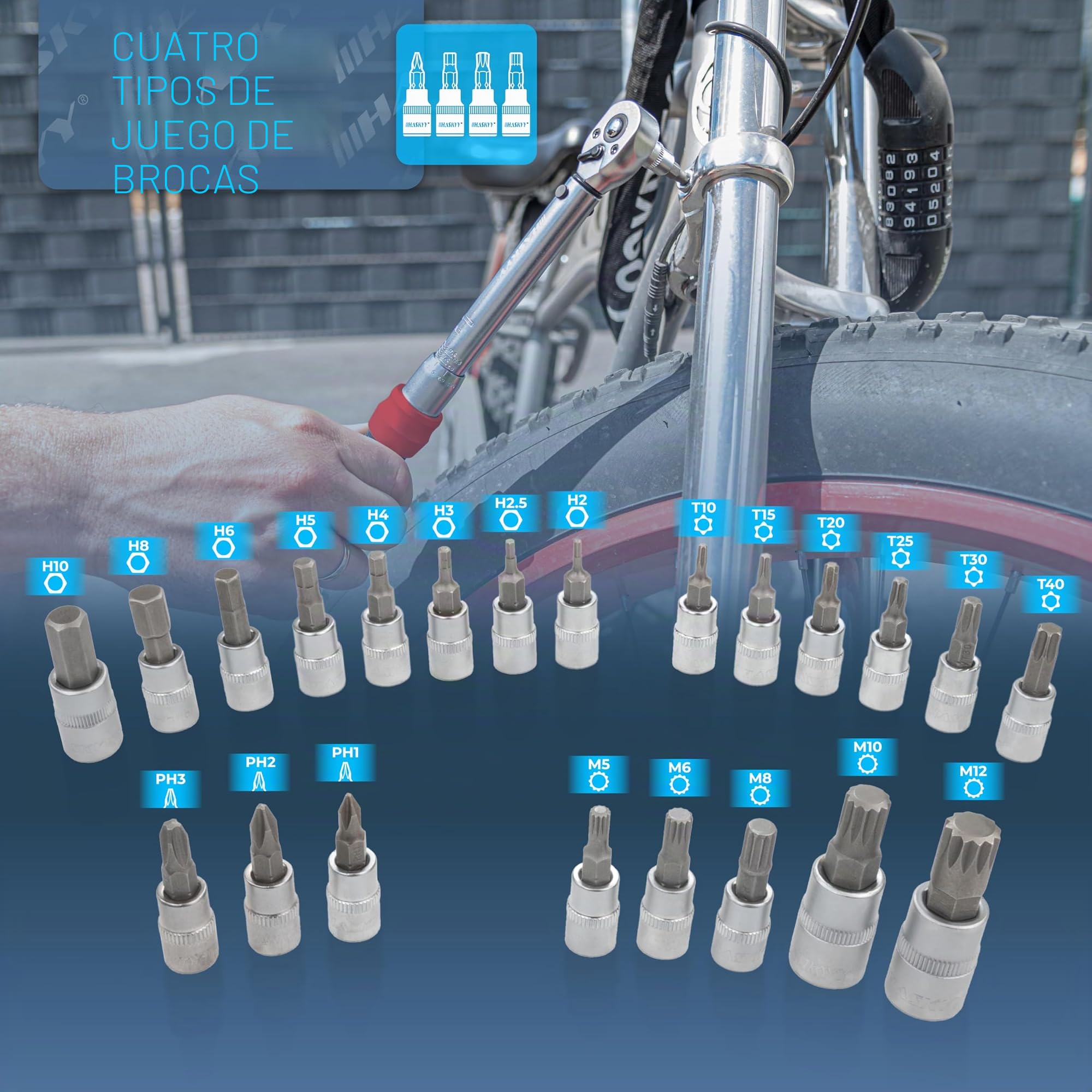 HASKYY Juego de llaves dinamométricas para bicicleta, 1/4", 2,5-20 Nm, con muchos accesorios como barra de extensión, puntas, insertos de tuerca, adaptador