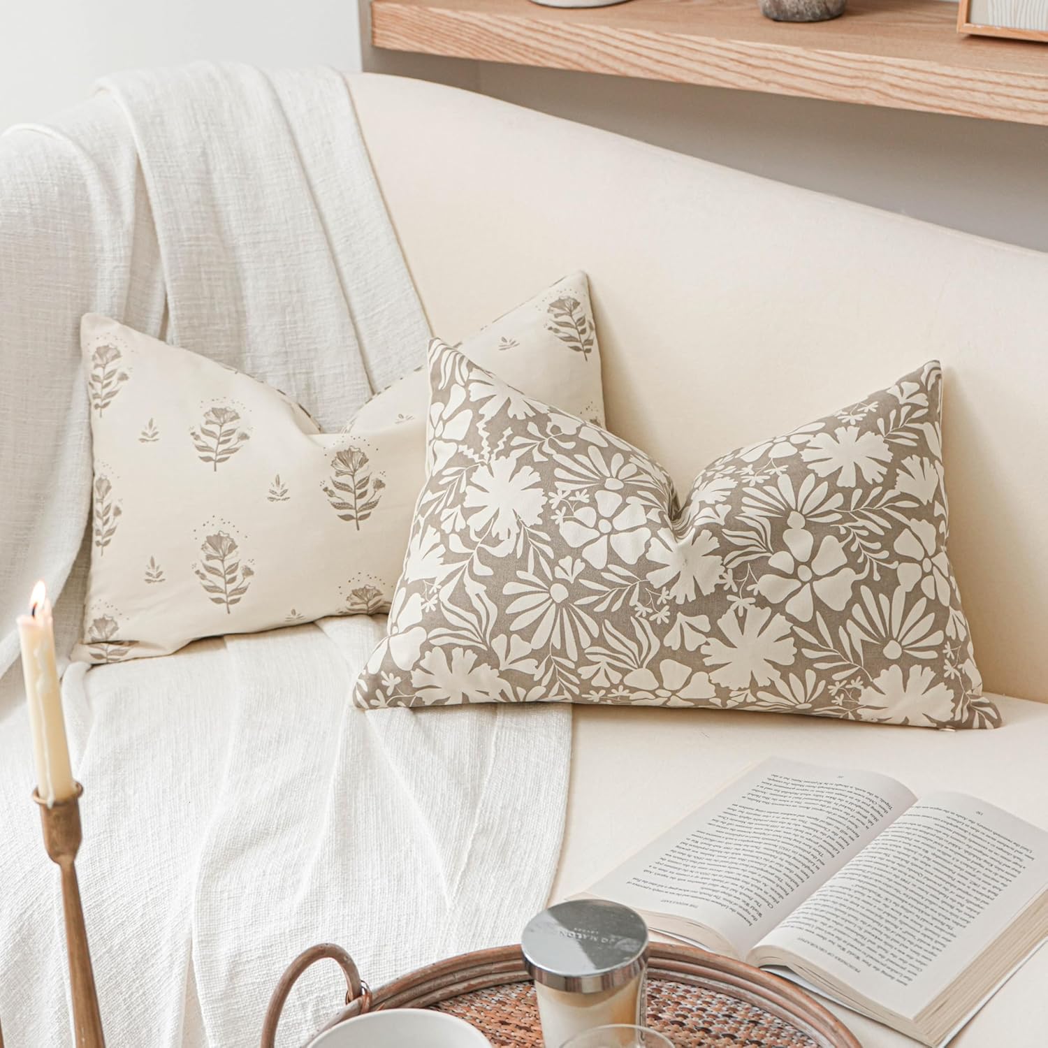 Taupe Farmhouse Decorative Lumbar Throw Pillow Cover 12X20 Set of 2, Floral Neutral Cotton Accent Lumbar Throw Pillow for Couch Sofa Living Room, Cover ONLY