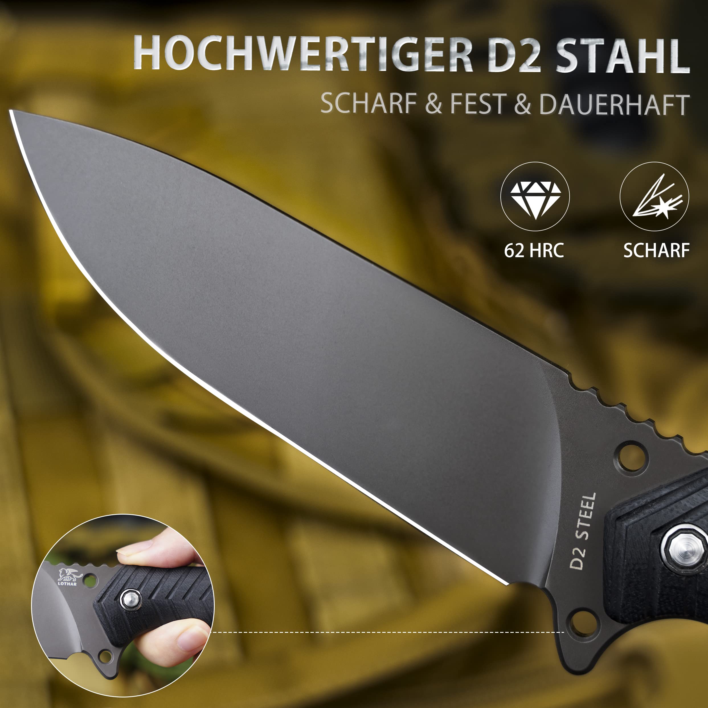 LOTHAR BAT Cuchillos de Hoja Fija, Couteau D'extérieur de Survie en Acier D2 avec Poignée en G10 et Étui Kydex, Idéal pour les Amateurs de Couteaux de Chasse en Plein Air