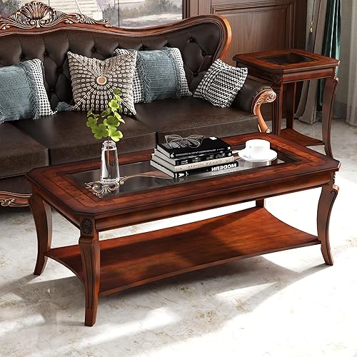 Mesa de centro con parte superior de vidrio templado y estante de almacenamiento, mesas de sala de estar de granja con patas de madera maciza