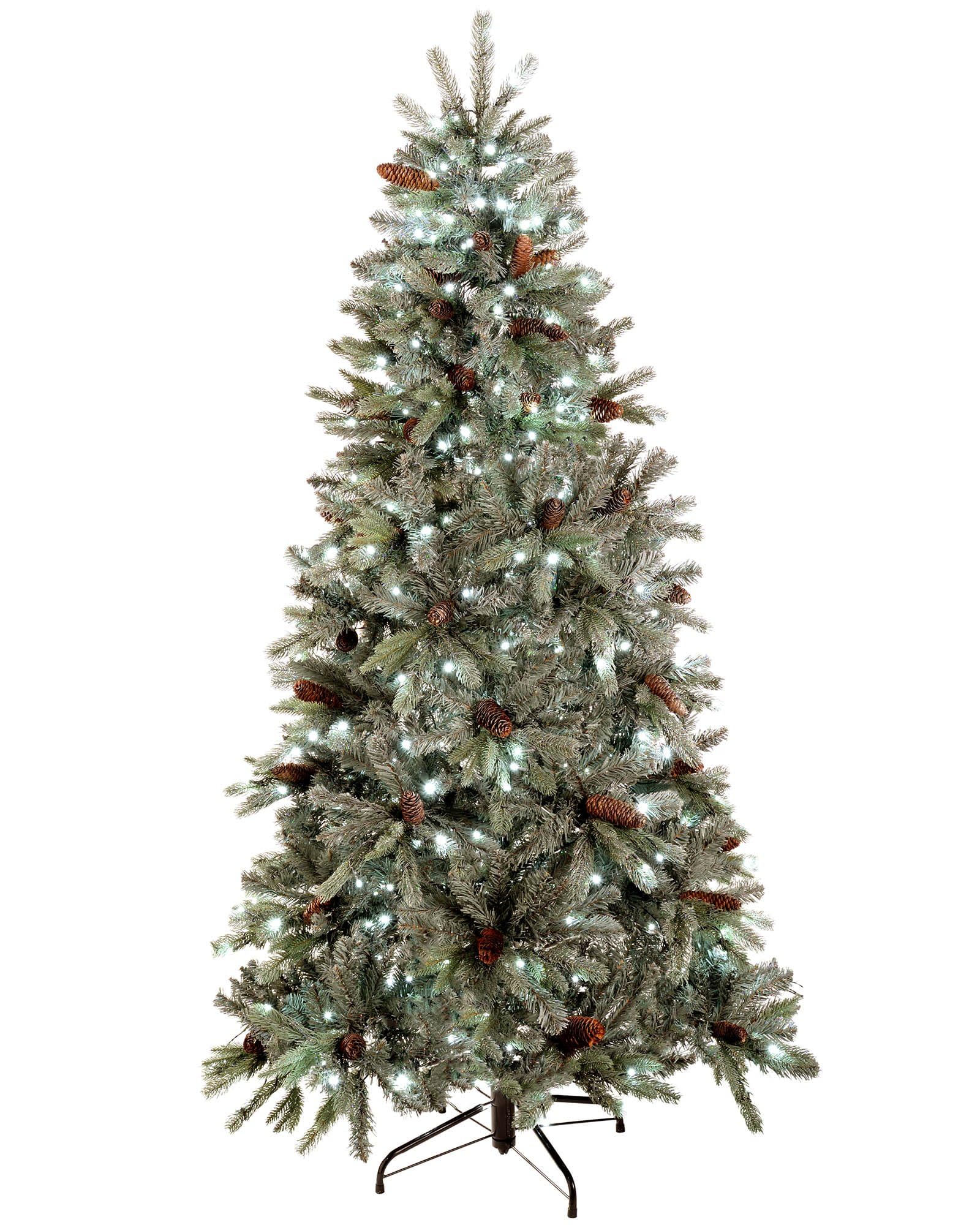 WeRChristmas 7ft Spruce Pre-Lit Multi-Function Christmas Tree Frosted Finish and Pine Cones with White/ LED Lights/ 8 Setting Controller/ Easy Build Hinged Branches, Edwardian Blue