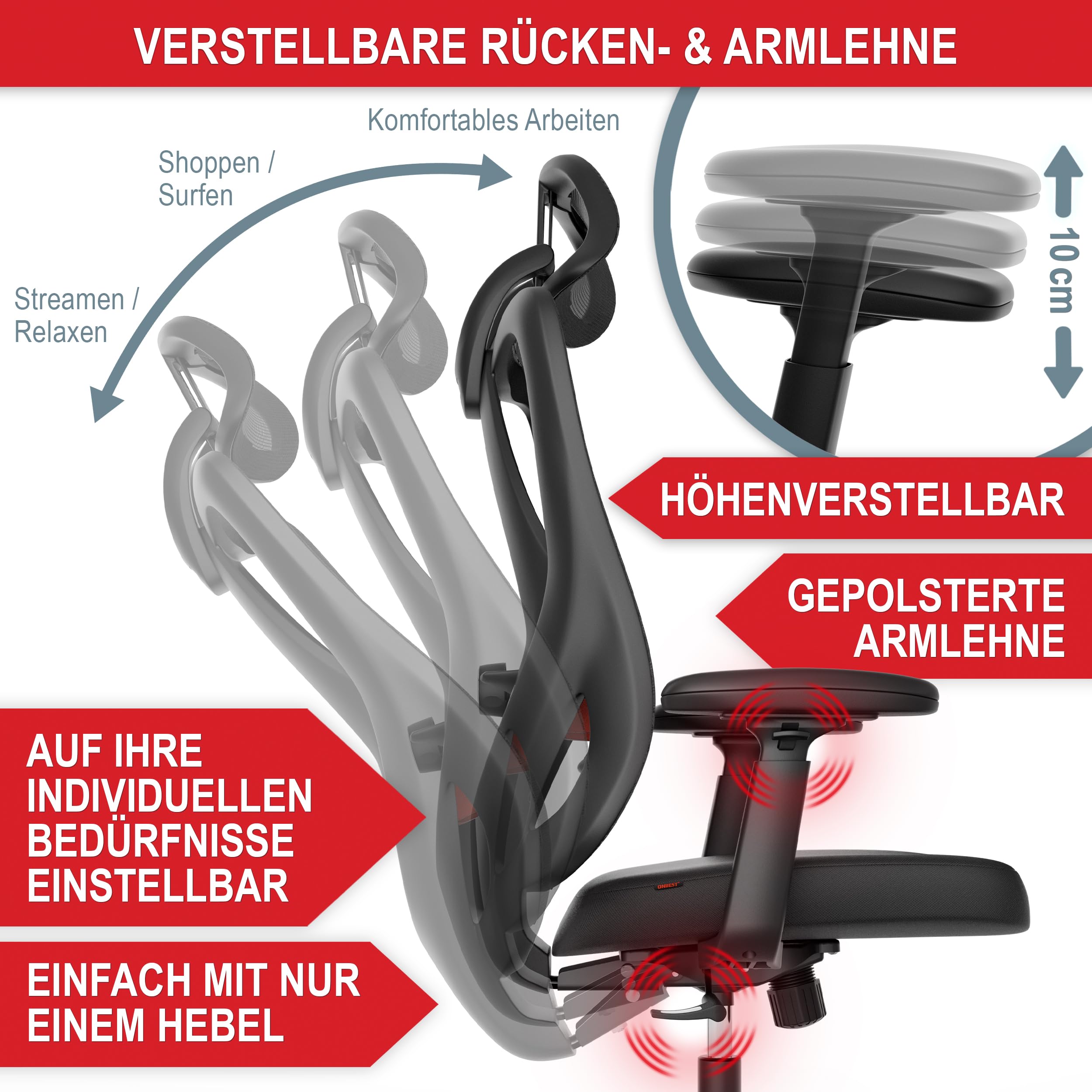 Onbest Bürostuhl ergonomisch – Mesh-Stuhl mit Lordosenstütze | Homeoffice- und Büro-Drehstuhl mit Kopfstütze, Armlehnen, breiter Sitzfläche, leisen Rollen und bis 150 kg belastbar