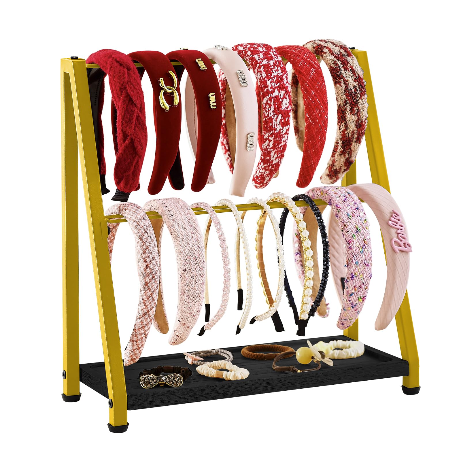 DGWJSU 2-Tier Headband Holder Stand With Wood Base - Metal Display Organizer For Headbands, Hair Ties, Scrunchies, Jewelry Store Display