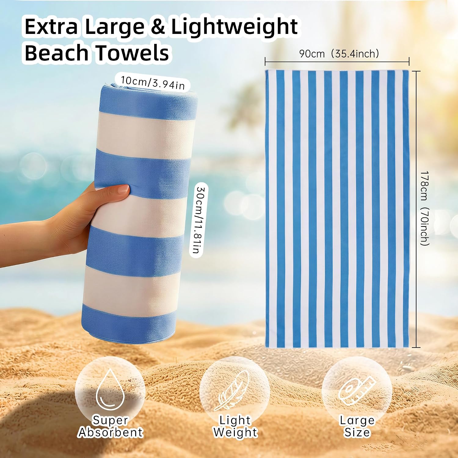 JOYMOOP 6-Pack Microfiber Beach Towel Set – 70" x 35.4" Ultra-Absorbent Beach Towels Oversized, Sand-Free & Portable, Quick-Dry Cabana Stripe Towels with Travel Storage Bags （Mixed Color