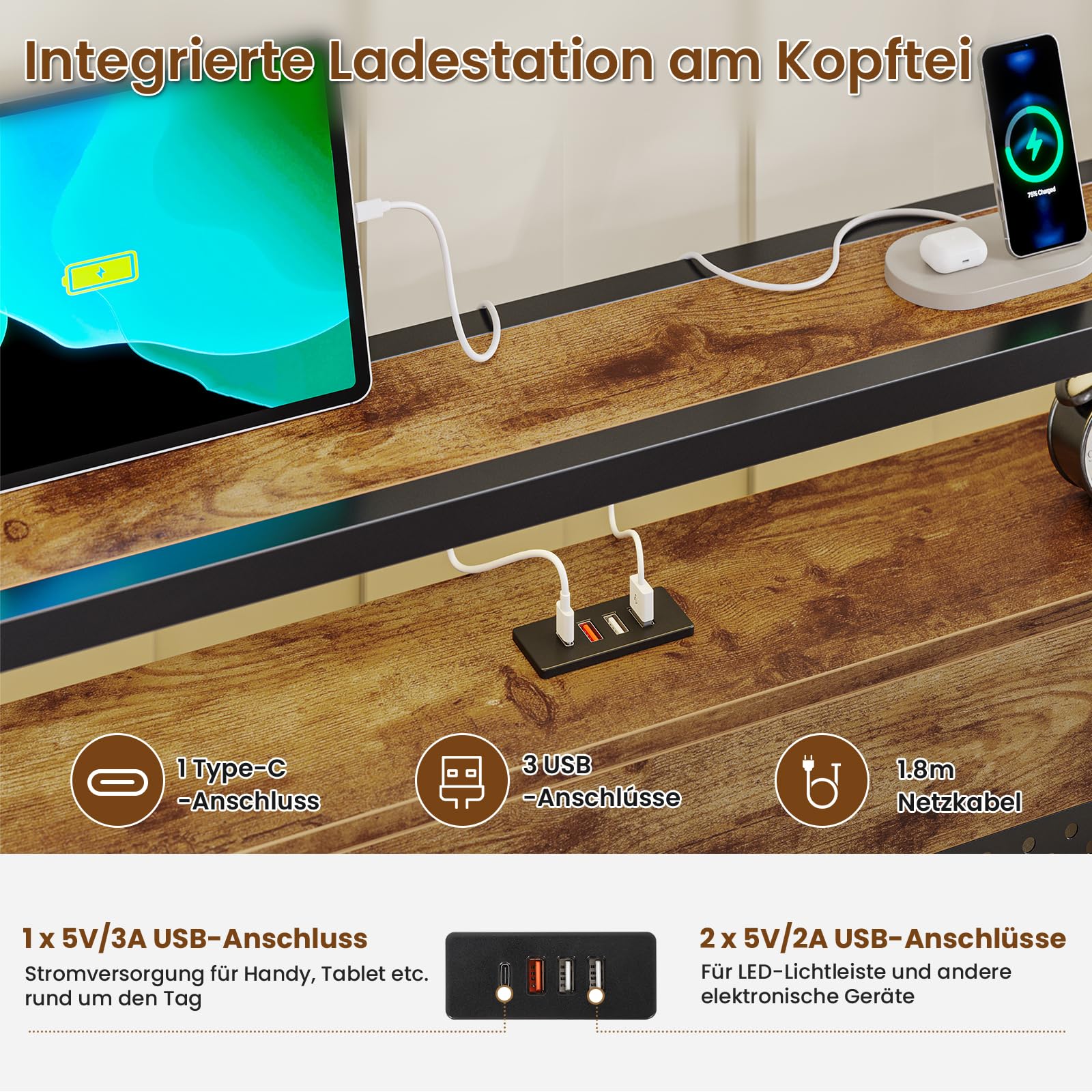 Cama de 160 x 200 cm con somier de láminas de metal, estructura de cama de metal con enchufe y función de carga USB, cama doble con espacio de almacenamiento, cama para dormitorio y habitación de