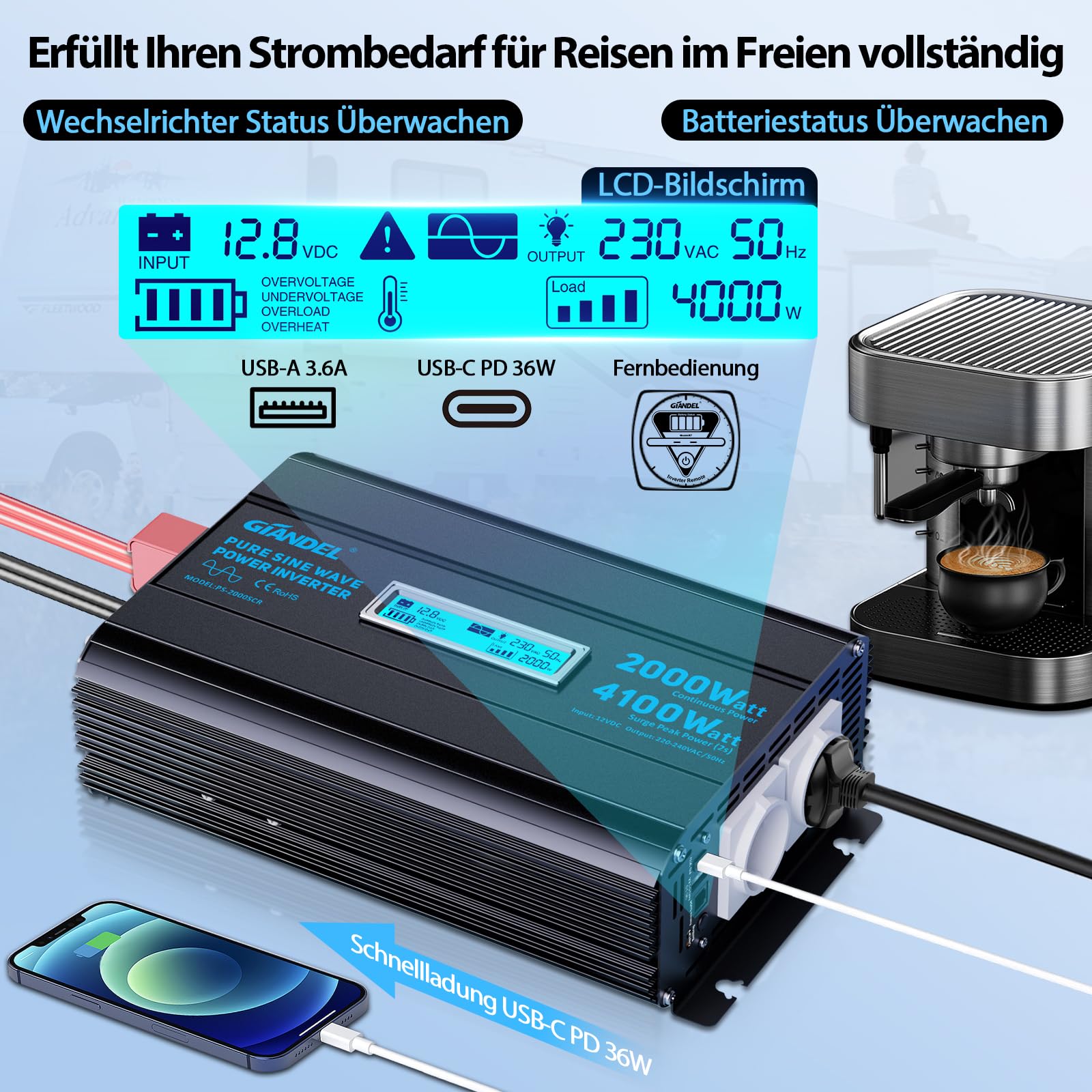 GIANDEL 2000W Wechselrichter 12V auf 230V Reiner Sinus Spannungswandler mit Einstellbar Unterspannungsabschaltung Power Inverter mit Fernbedienung und USB-C PD 36W für Wohnmobil Camping Wohnwagen
