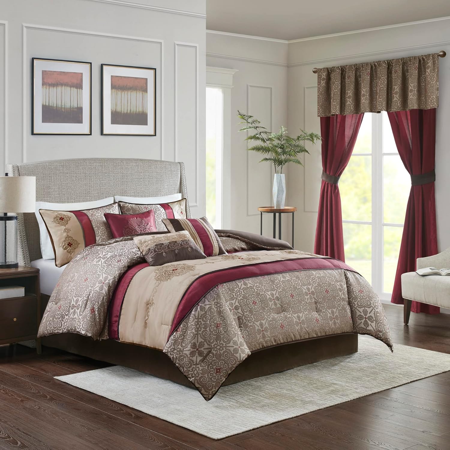 Madison Park Neyson Comforter Faux Silk-Traditional Luxurious Jacquard Design All Season Set, Matching Bed Skirt, Decorative Pillows, and Curtains, Valance King, Red Medallion 12 Piece