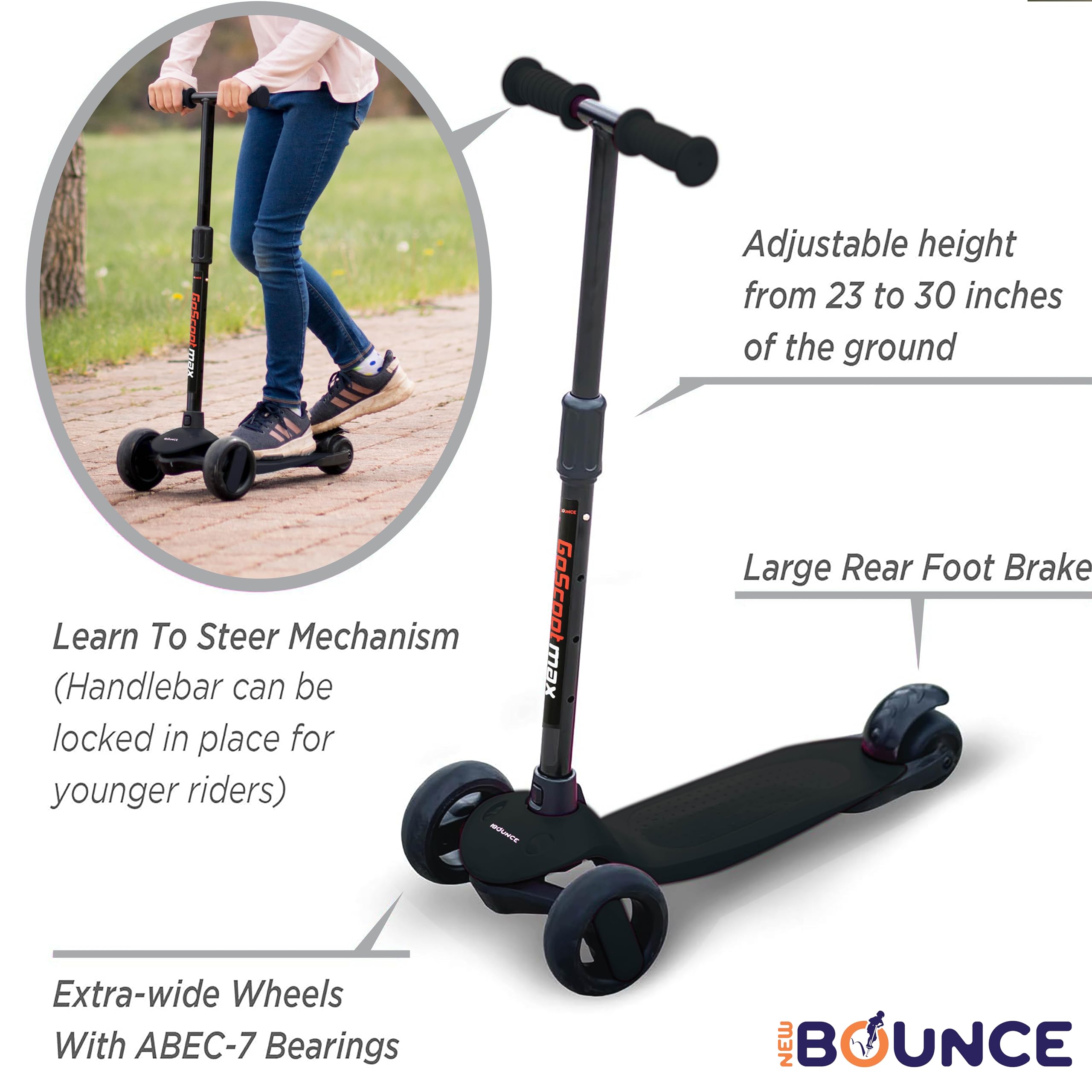 New-Bounce Scooters for Toddlers - 3 Wheel Scooter for Kids with Adjustable Handlebar - The GoScoot MAX is Perfect for Children and Toddlers, Girls and Boys Ages 3-10