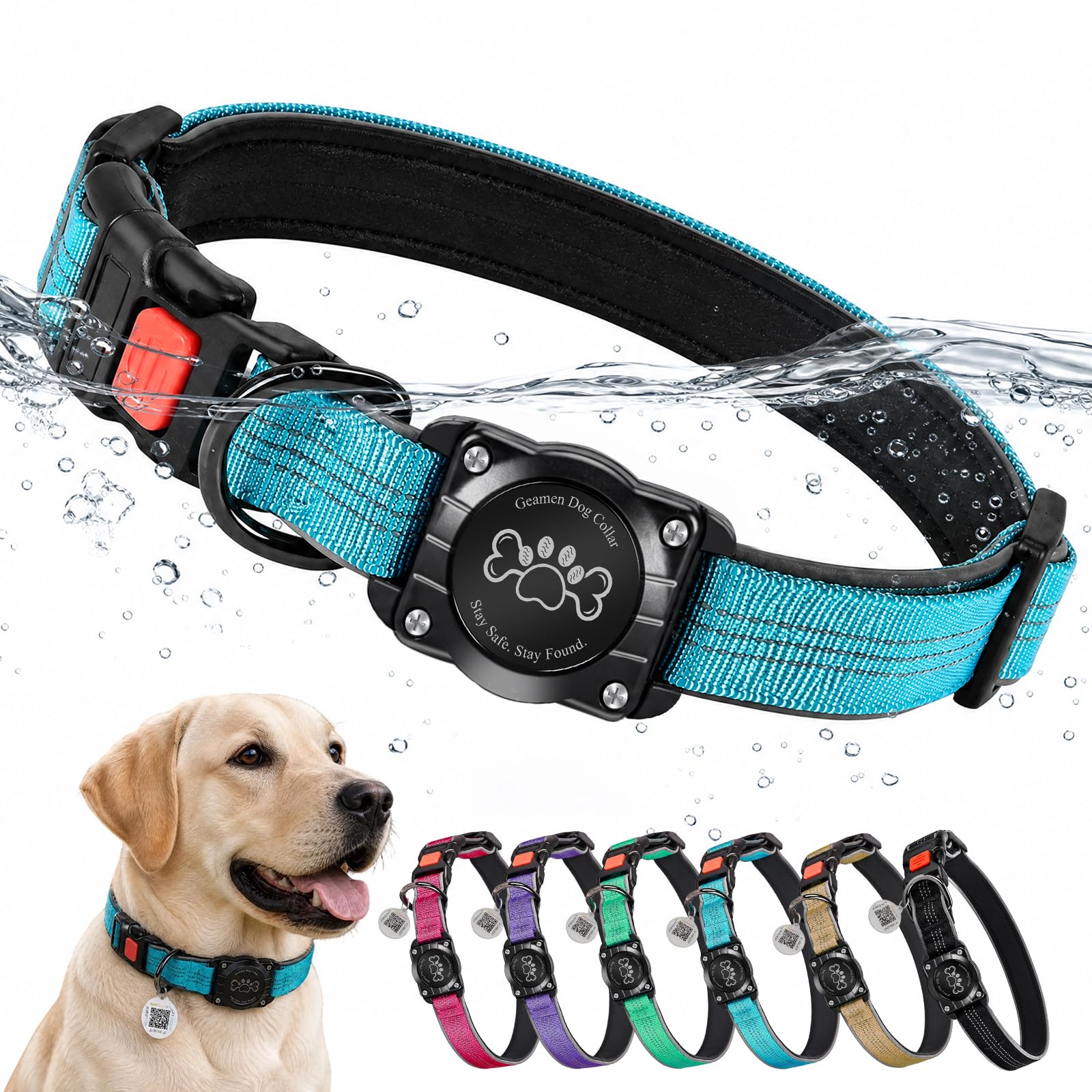 Dog Collar with AirTag Holder Waterproof QR Code Reflective Collar(Blue,M) | Built-in Waterproof Holder, QR Code Tag, Reflective,Secure Buckle