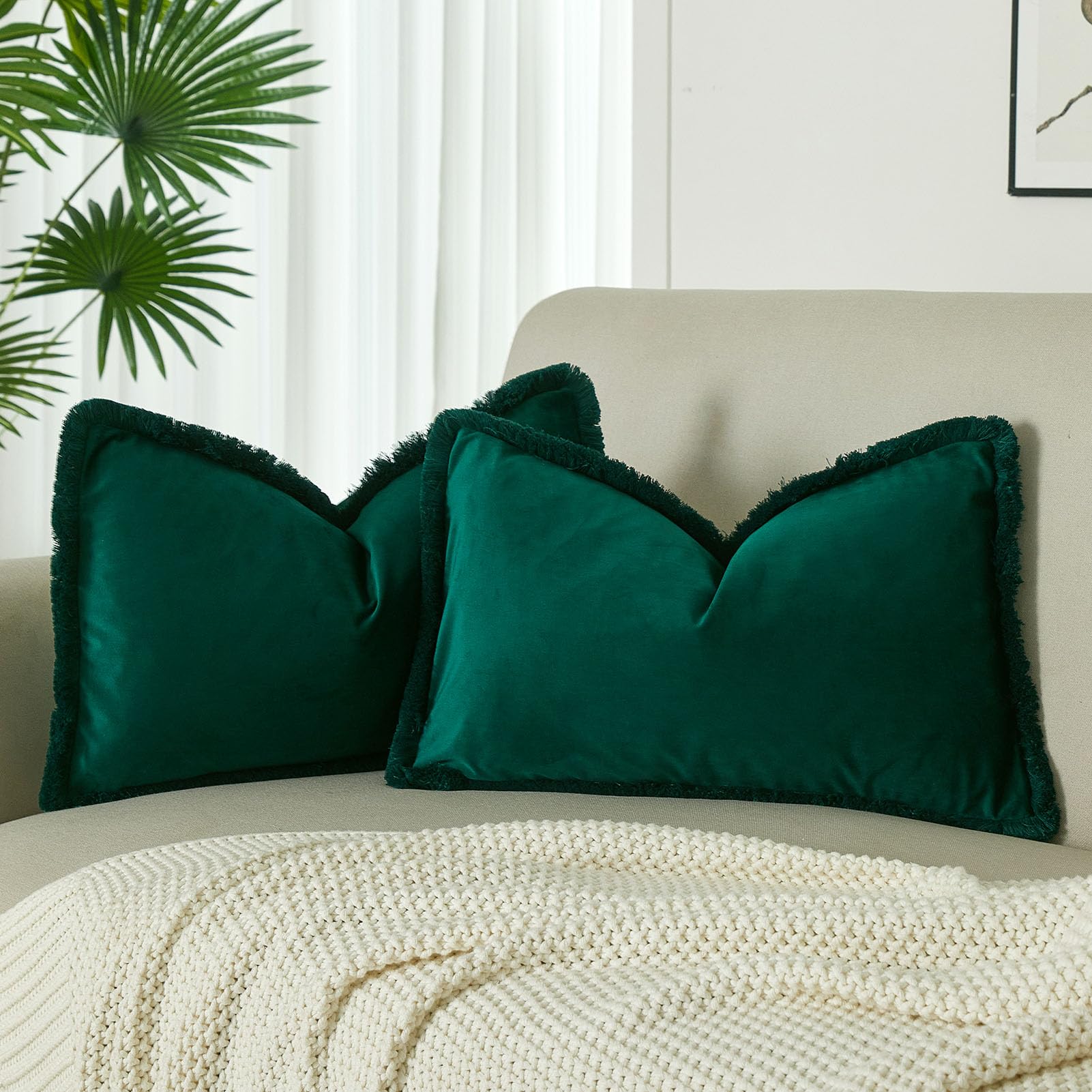 JUSPURBET Forest Green Lumbar Velvet Throw Pillow Covers 12x20 Inch Set of 2 with Soft Tassel Fringe Luxury Boho Pillowcase for Sofa Couch Bed Home Decor Machine Washable — image 1
