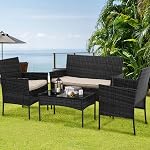 BestOffice Patio Furniture 4 Pieces Outdoor Indoor Use Rattan Chairs Wicker Patio Loveseats Conversation Sets with Table and Beige Cushions for Backyard Lawn Porch Garden Balcony,Black