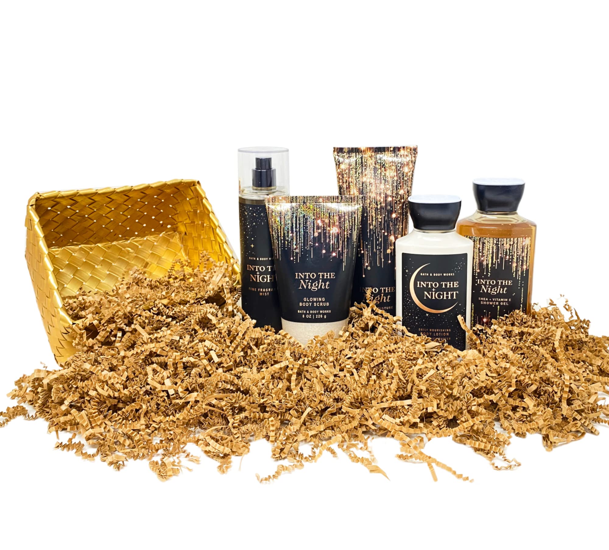 Bath & Body Works Into The Night Gold Woven Basket 5 Piece Gift Set - Fragrance Mist - Body Cream - Shower Gel - Body Lotion - Body Scrub - Full Size