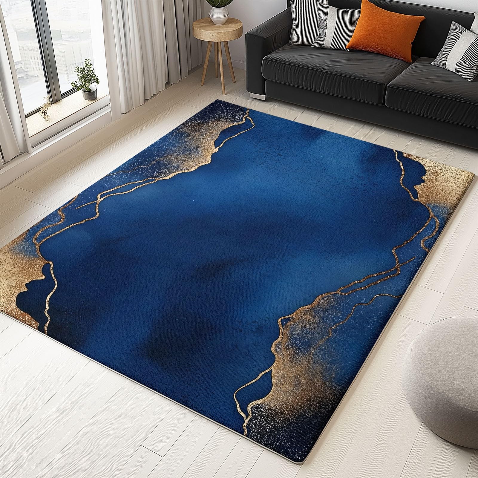 Tapis de Salon 140 x 200 cm – Antidérapant, Doux et Épais Lavable en Machine, Motif Bordure Dorée Abstraite – Tapis de Sol pour Chambre, Salle de Séjour, Bleu