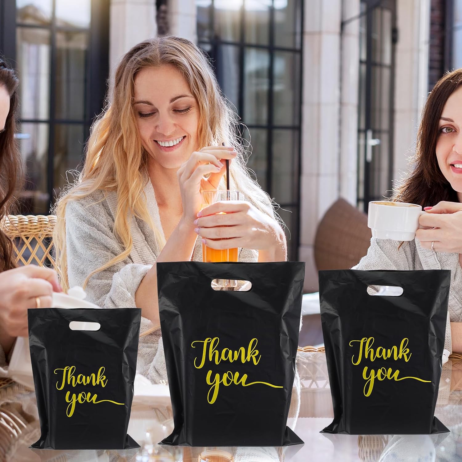 300 PCS Thank You Bags with Handle Black Sale Bag for Small Business Clothes Boutique Gift, 3 Sizes Plastic Retail Grocery Shopping Bags, Reusable Goodie Bag Bulk for Store Party Favor Purchase