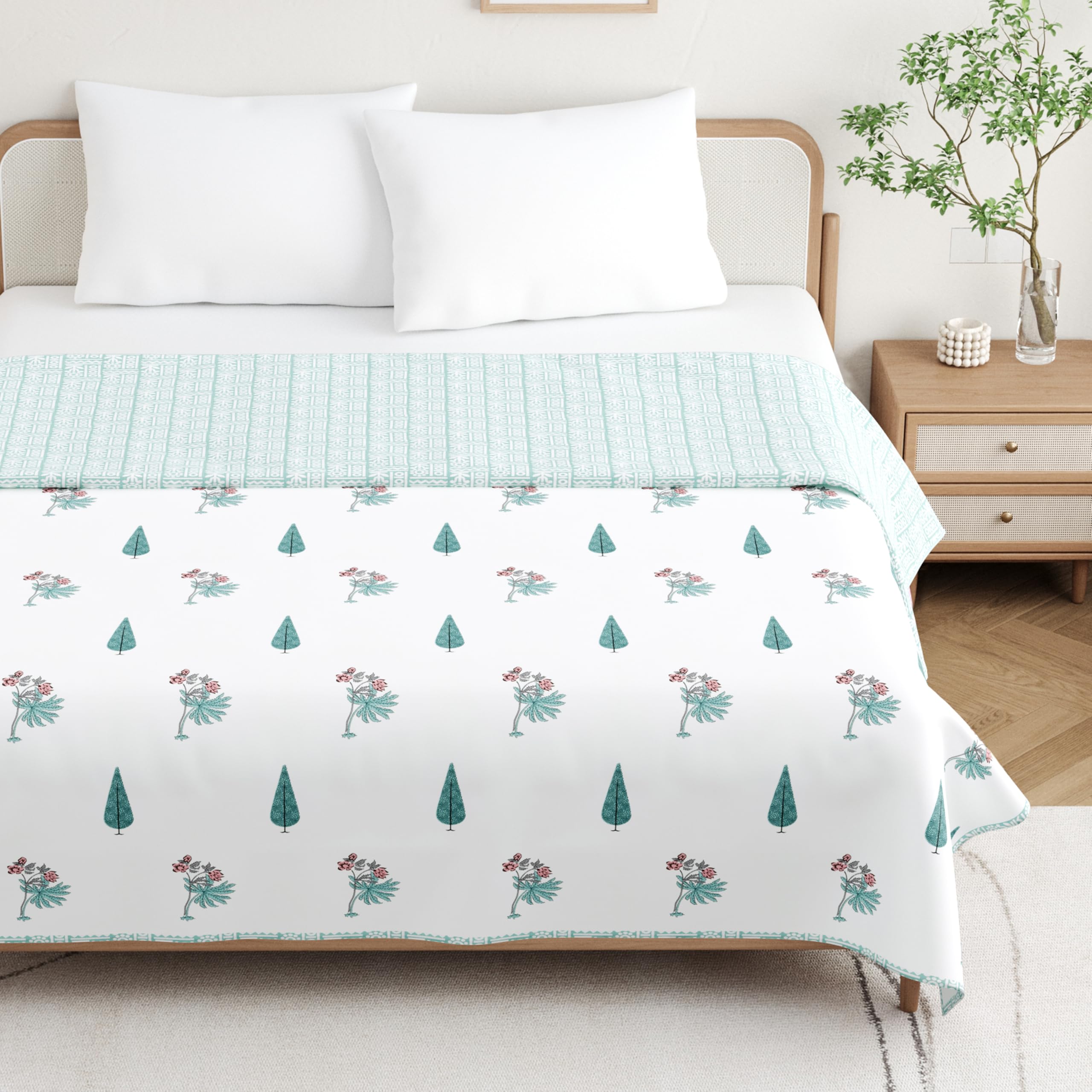DE CAMA Cotton Double Bed Dohar | Hand Block Printed Summer AC Blanket (90 x 100 Inch)| Mulmul Fabric 150 GSM | Soft & Lightweight Comforter for All Seasons | Reversible Design - Green Leaf-image-3