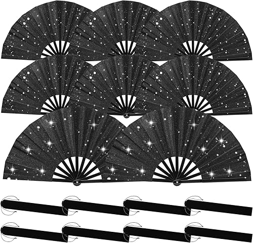 Miniatura 9 de Juego de 8 abanicos plegables grandes para baile de línea y estallido, ventiladores de mano con mangas de abanico, ventilador chino de Kung Fu para