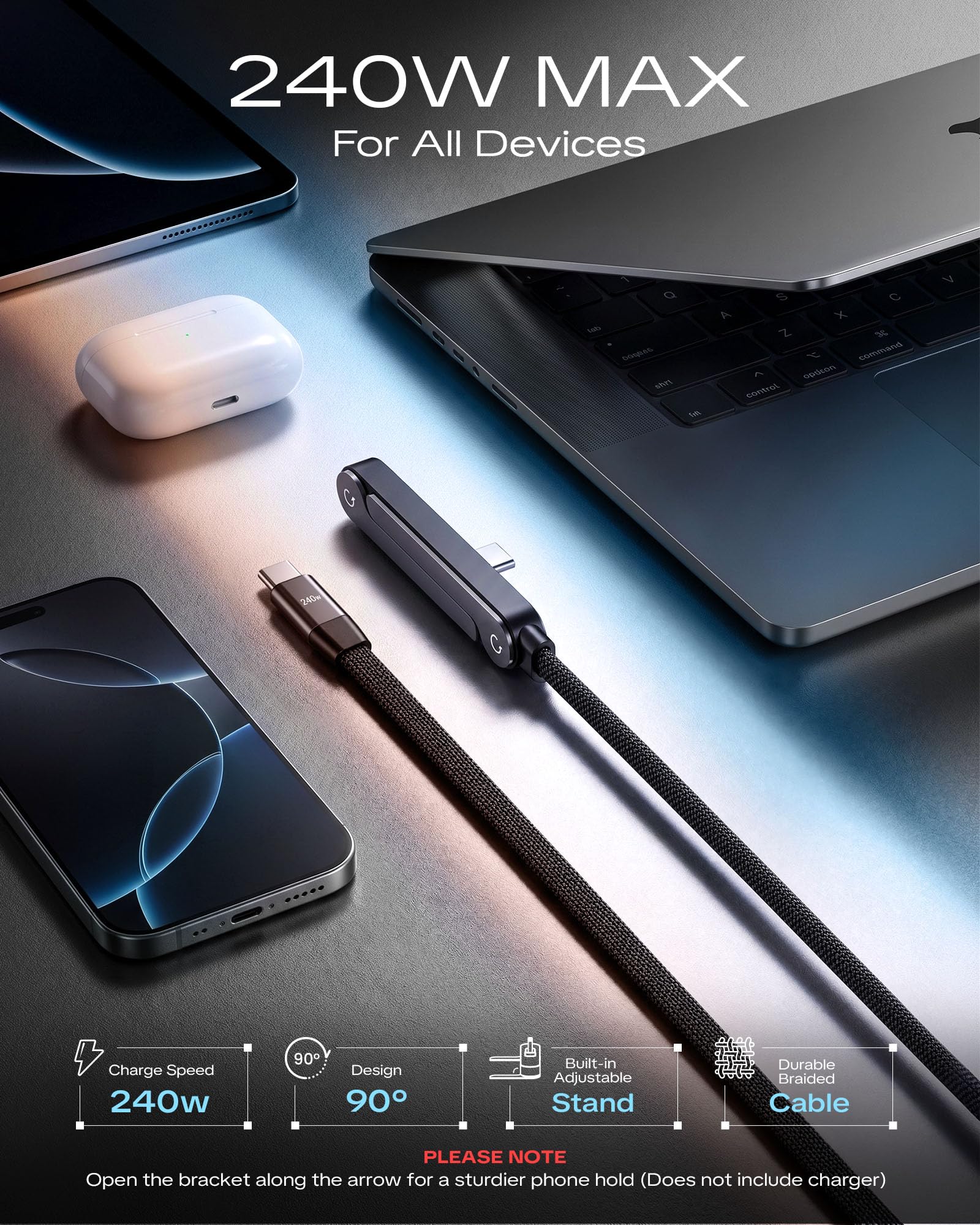 LOOHOI Kabel USB-C na USB-C 240 W z wbudowaną podstawką, kabel do szybkiego ładowania 90° do gier, przesyłania strumieniowego i oglądania bez użycia rąk, pleciony kabel do ładowania (10 m, 1 szt.)