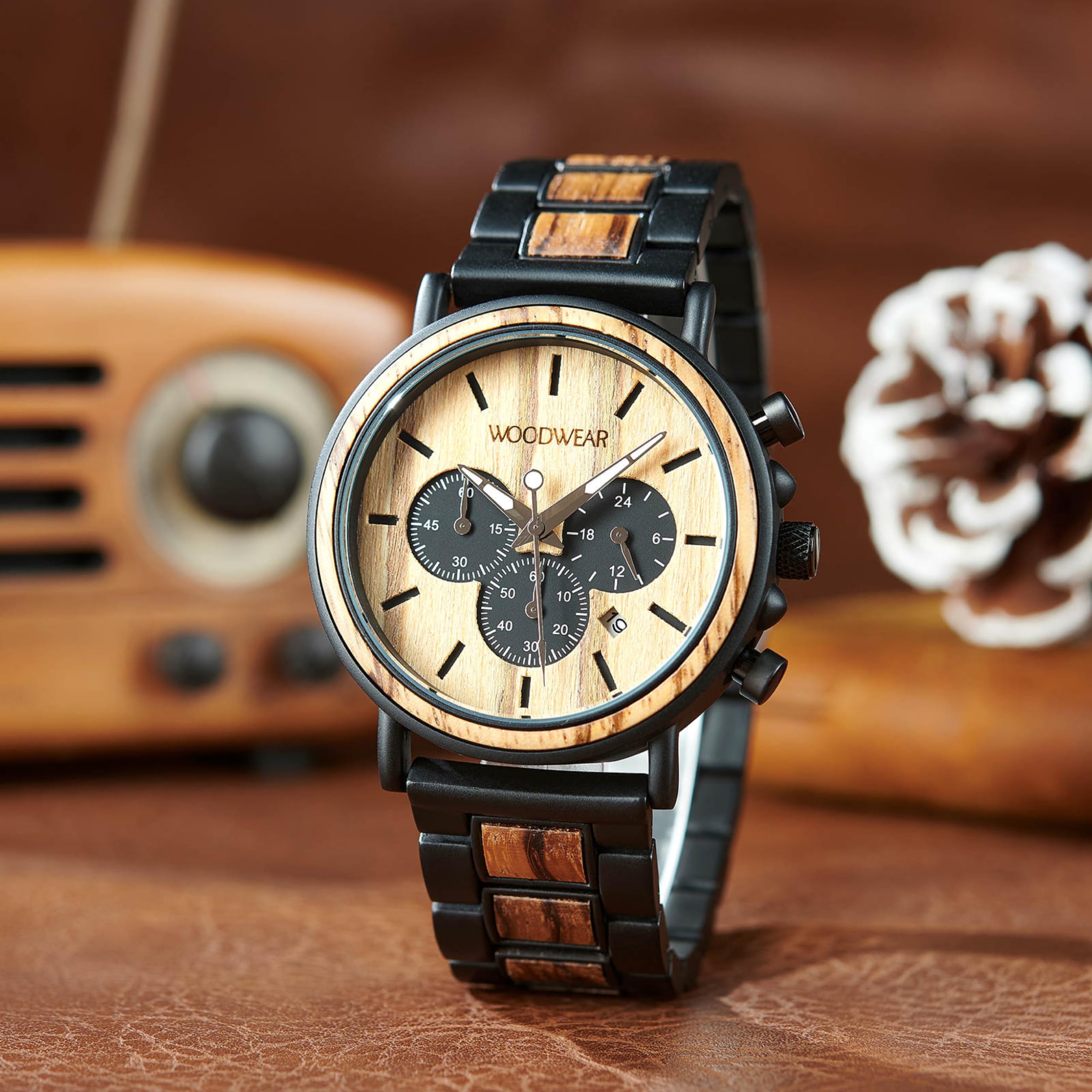 woodwear Cronografo da uomo "Zeitgeist" – Orologio da polso in legno e acciaio inox, design sostenibile, movimento al quarzo giapponese, cinturino in legno, elegante orologio da uomo, fatto a mano