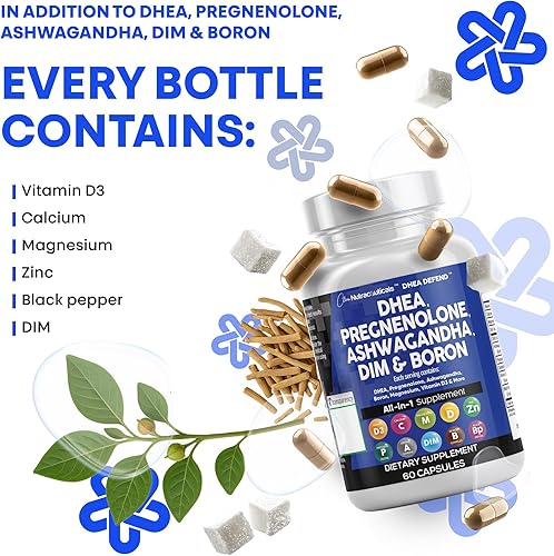 Miniatura 7 de DHEA 200mg Suplemento Pregnenolone 100mg para hombres y mujeres con DIM Ashwagandha Boro 6mg Complejo Calcio Magnesio Zinc 50mg Vitamina D3 5000 iu