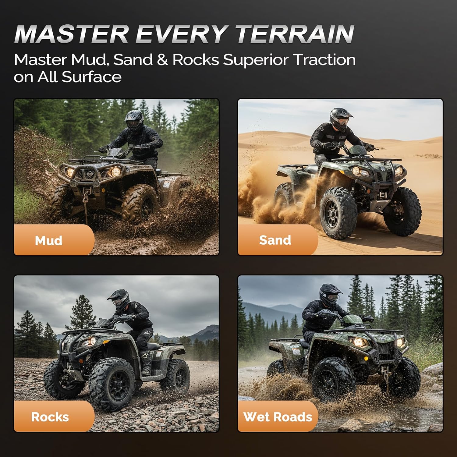 TUFFIOM Set of 4 ATV/UTV All-terrain Tires 25x8-12 Front 25x10-12 Rear, 6 PR, Tubeless