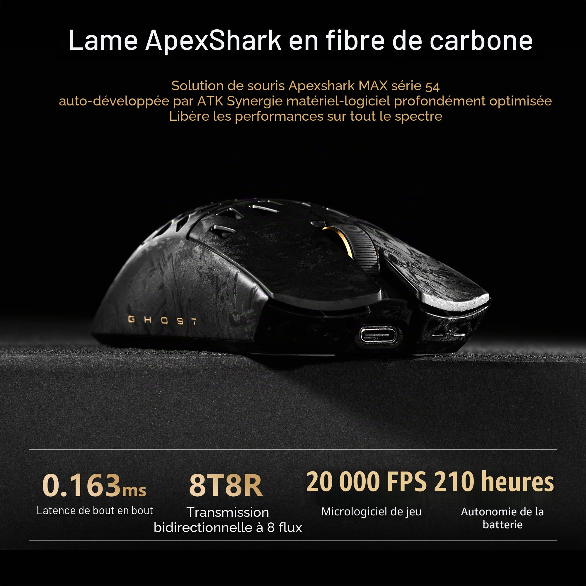 ATK Blazing Sky Ghost Souris de jeu sans fil creuse en fibre de carbone, capteur ultra PAW3950, Nordic 54H20, 8 K, 48 g, double mode 2,4 G/filaire