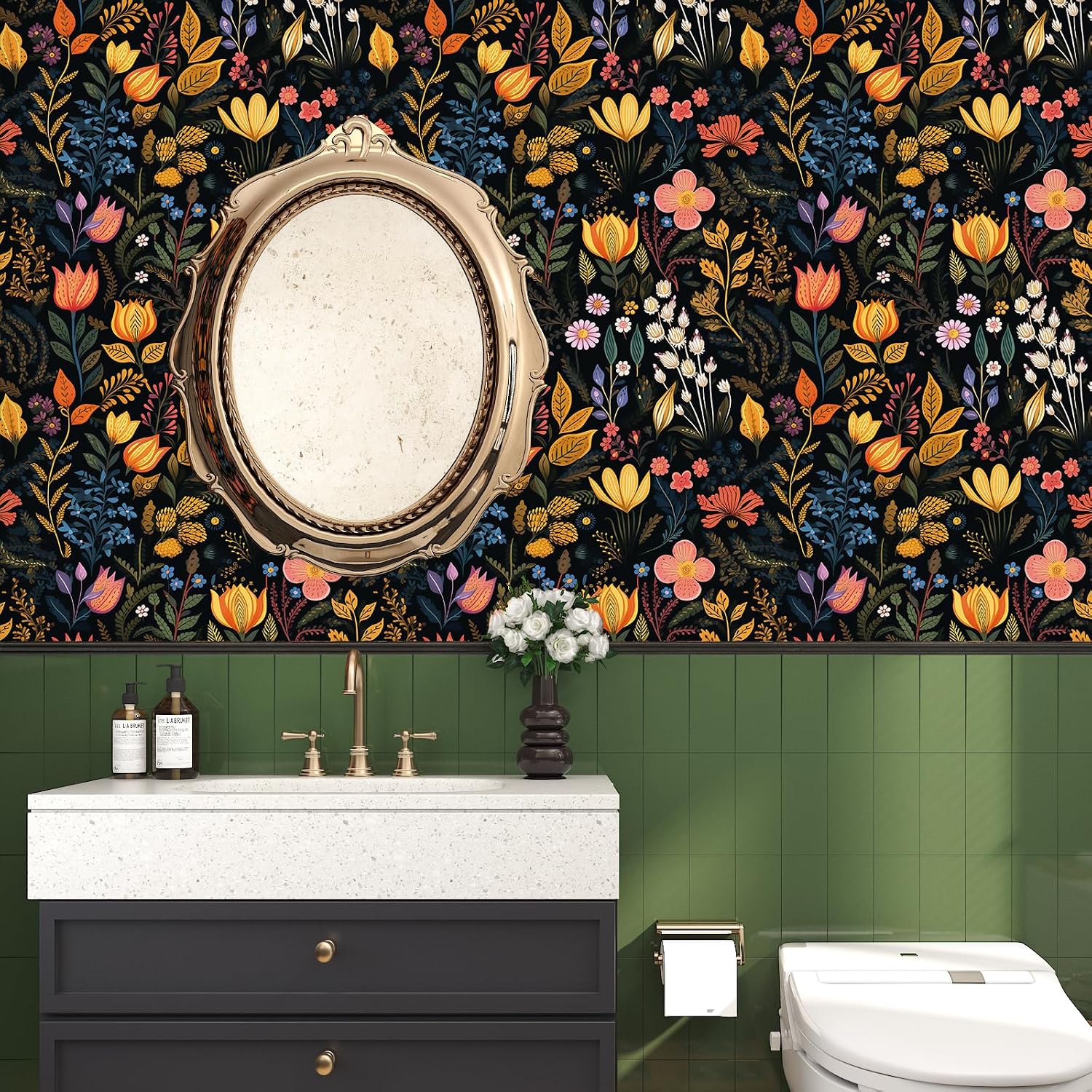 Vintage Dark Wildflower Floral Wallpaper Peel and Stick Botanical Wallpaper 17.7"x160" Removable Prepasted Boho Floral Contact Paper Wall Mural Black Flower Wall Paper for Bedroom Bathroom