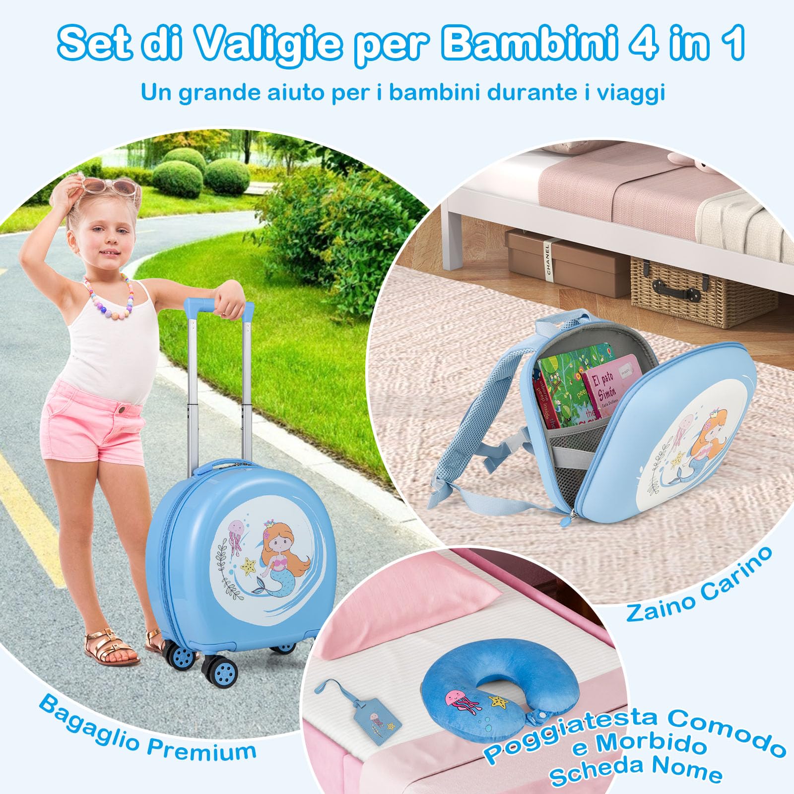 RELAX4LIFE Juego de Maleta Infantil para Niños de 4 Piezas, Maleta de 35,5 cm y Mochila de 25 cm con Cojín para El Cuello y Etiqueta de Nombre, Maleta Niños con Ruedas (Azul)