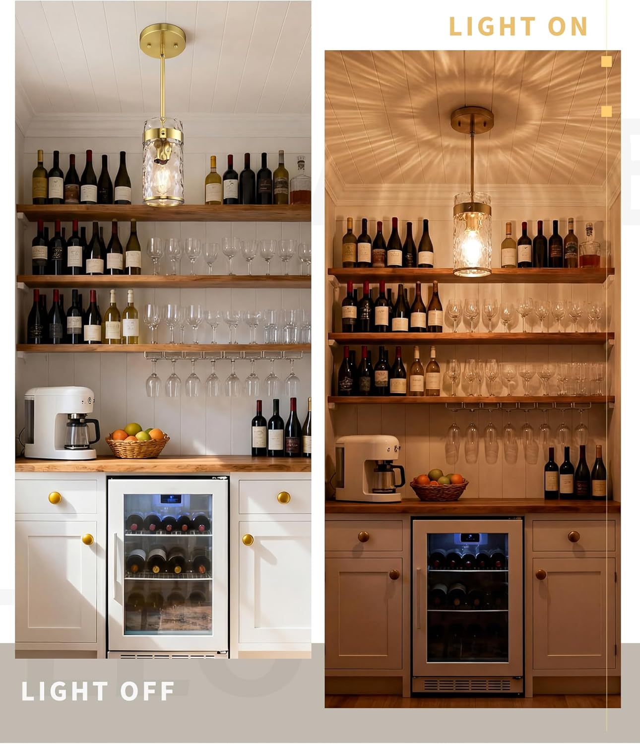 AUTELO Gold Pendant Light, 1-Light Island Pendant Lights for Kitchen with Hammered Glass, Modern Hanging Lamp with Adjustable Rods for Dining Room Bedroom Kitchen Sink, H-2529 HMBG