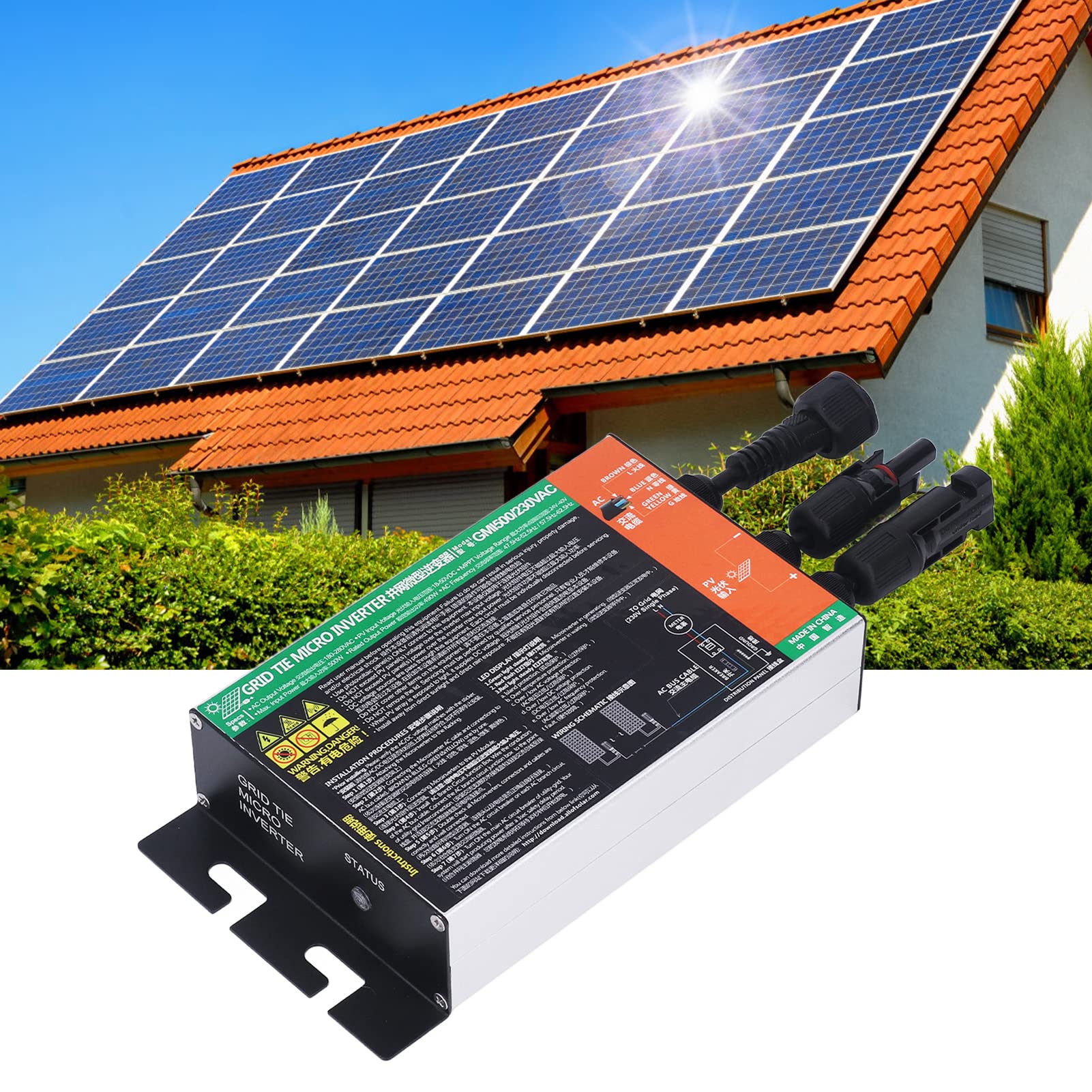 Yosoo Health Gear Mikroinwerter Sieciowy, Inwerter Sieciowy MPPT ze Stopu Aluminium 230 V AC Czysta Fala Sinusoidalna Sprawność 92% IP55 dla Małych Systemów Fotowoltaicznych Biuro w Domu (500W)