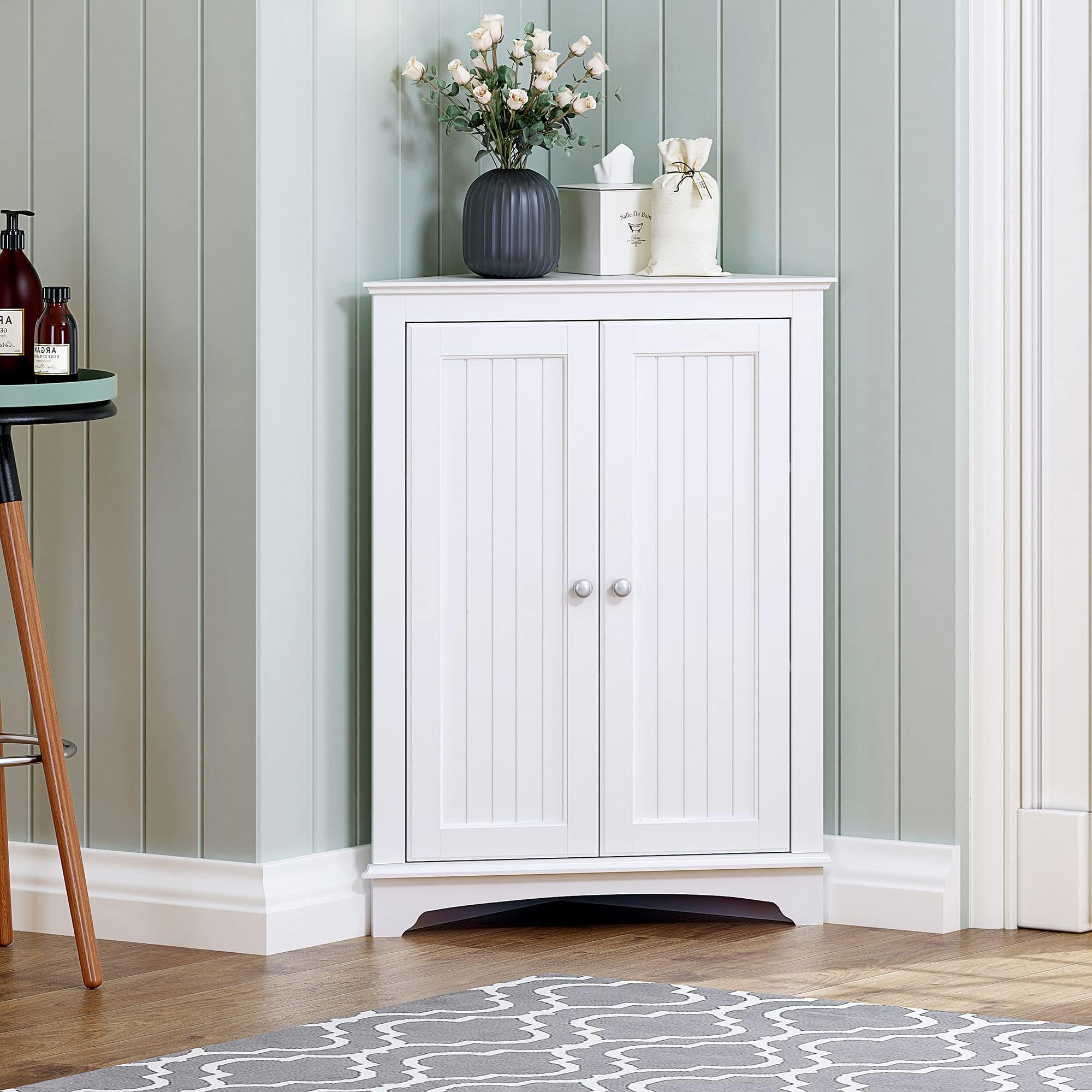 Spirich Floor Corner Cabinet with Two Doors and Shelves, Free-Standing Corner Storage Cabinets for Bathroom, Kitchen, Living Room, White