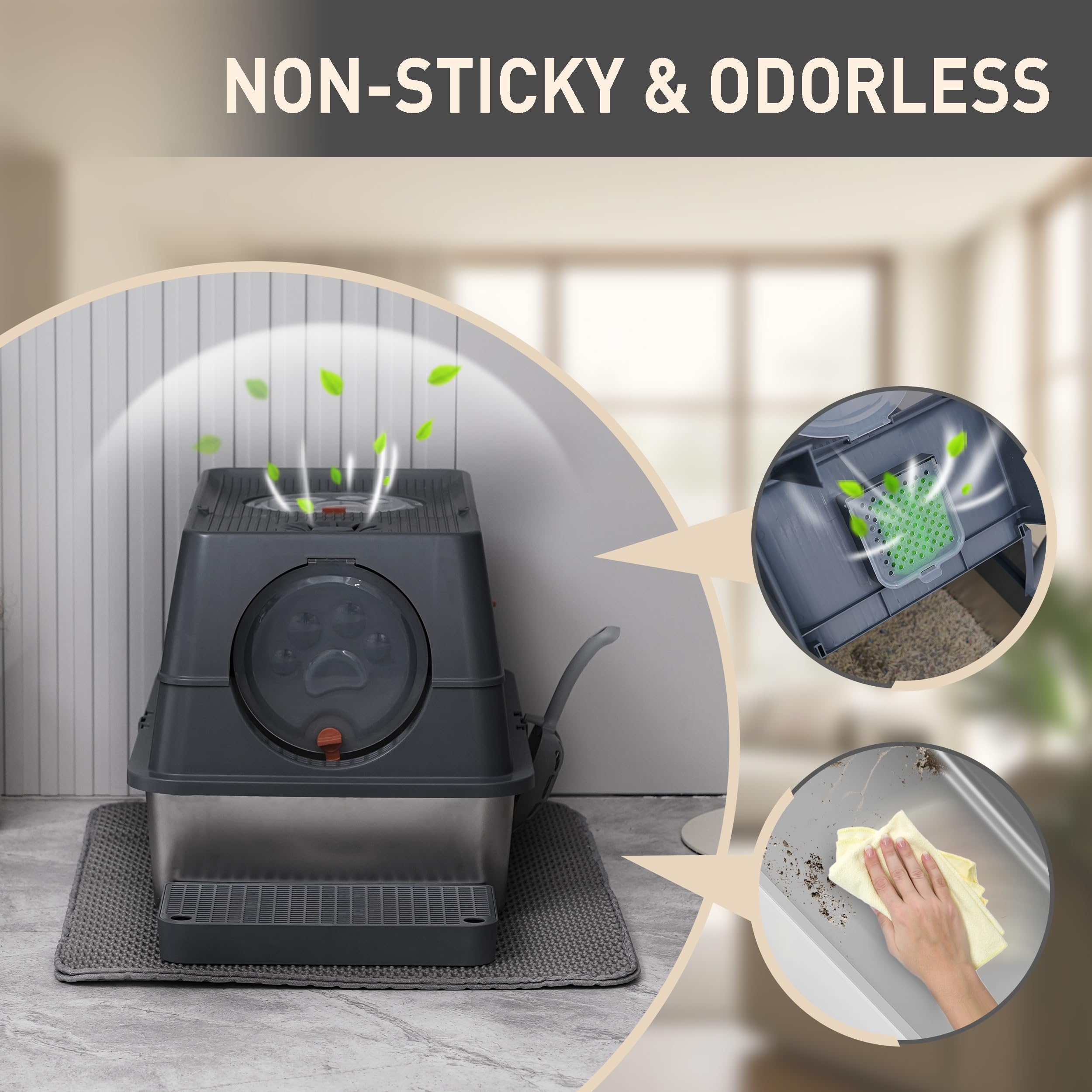 Citylife Stainless Steel Litter Box with Lid XL Large Enclosed Metal Box Anti-Leakagecat Litter Box Stainless Steel Includes Scoop, Mat, Odor Control Easy Cleaning, Dark Grey