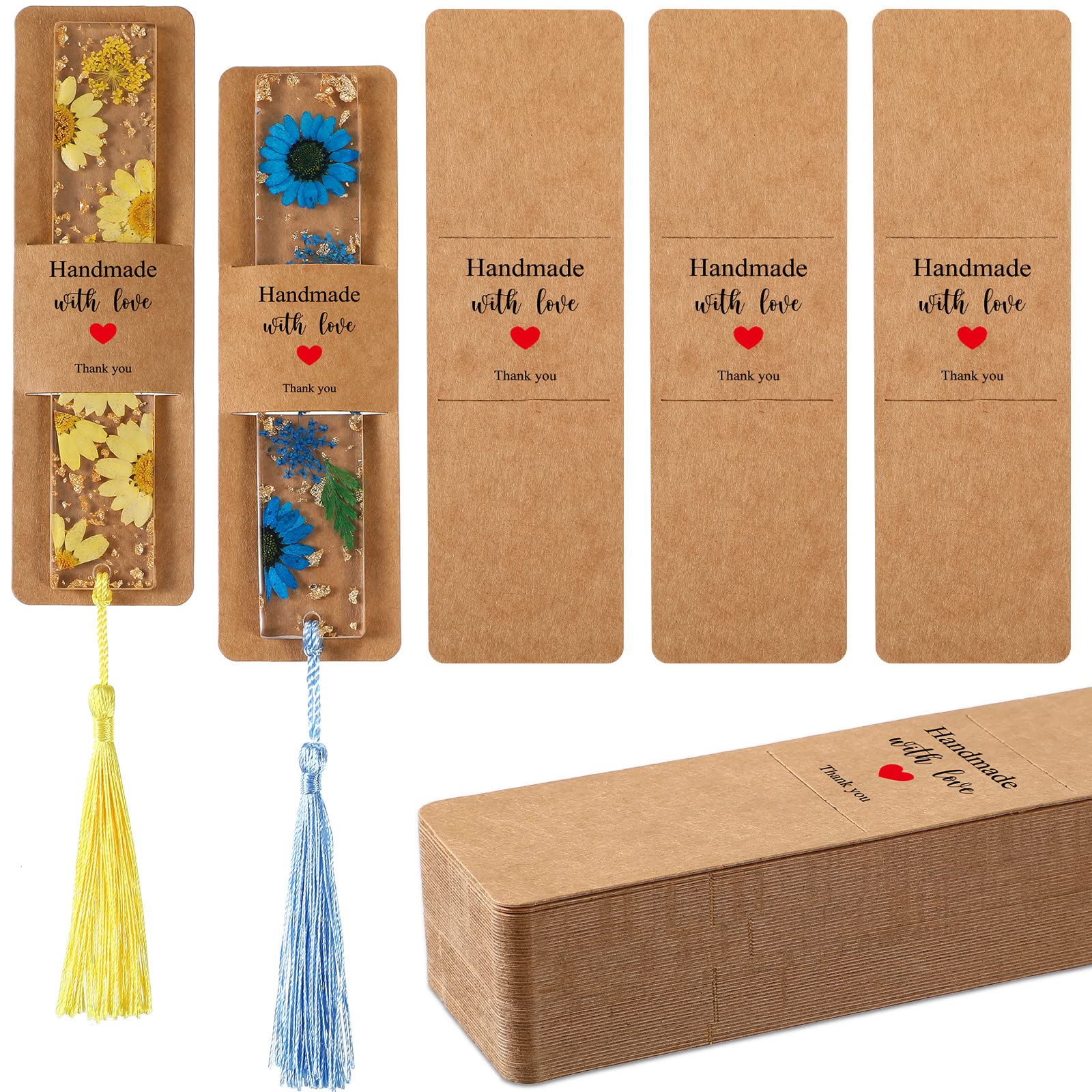 Fumete 50 Pieces Resin Bookmark Holder 5.9 x 1.8 Inches Kraft Bookmark Sleeves DIY Bookmarks Display Cards for Bookmark Wrapping Small Business Packaging Supplies Party Favor Gift (Brown, Warm)