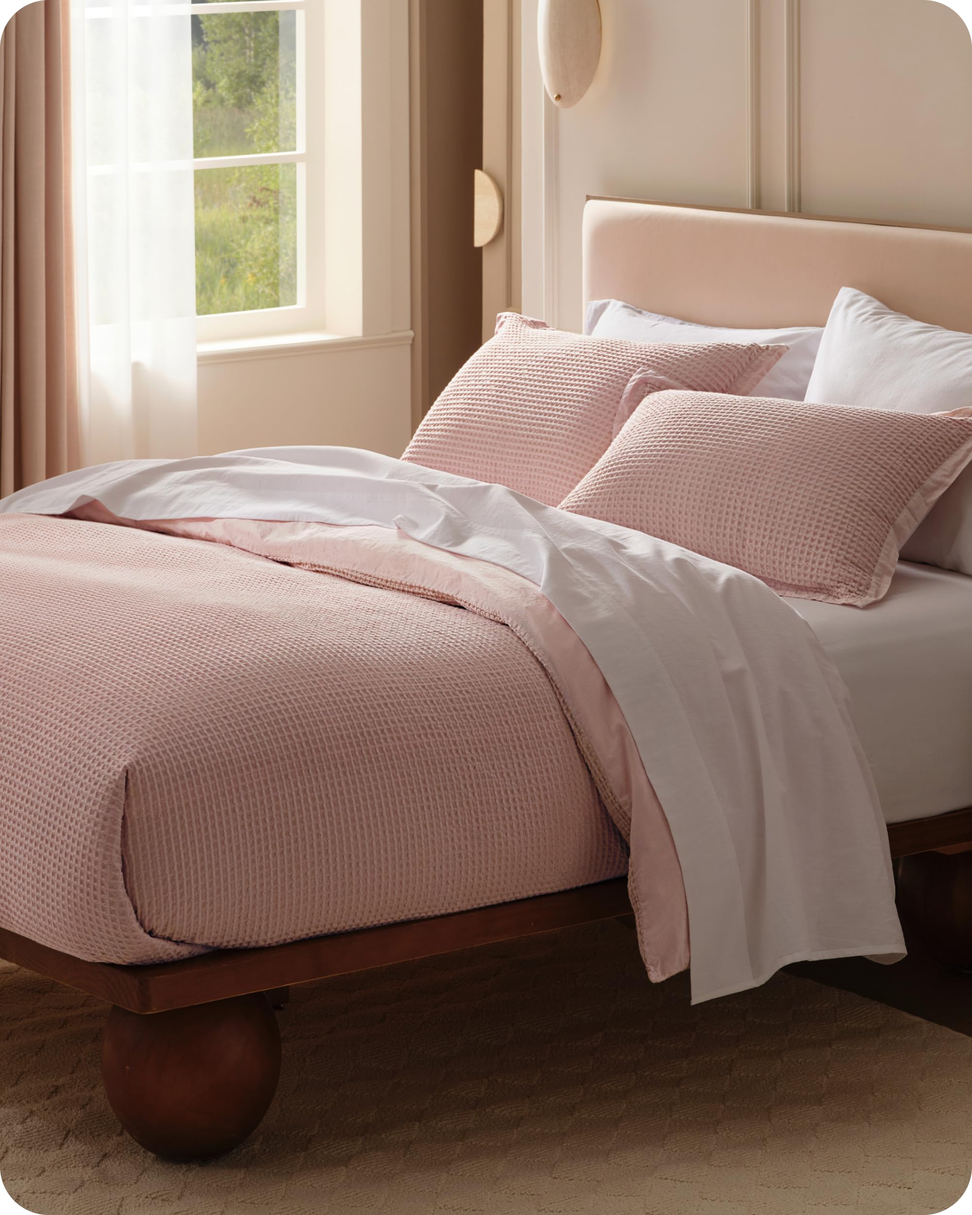 Bedsure GentleSoft™ - Funda de edredón de algodón 100 % algodón tejido gofre, color rosa, tamaño Queen, juego de ropa de cama transpirable para todas las estaciones, 3 piezas, 90 x 90 pulgadas