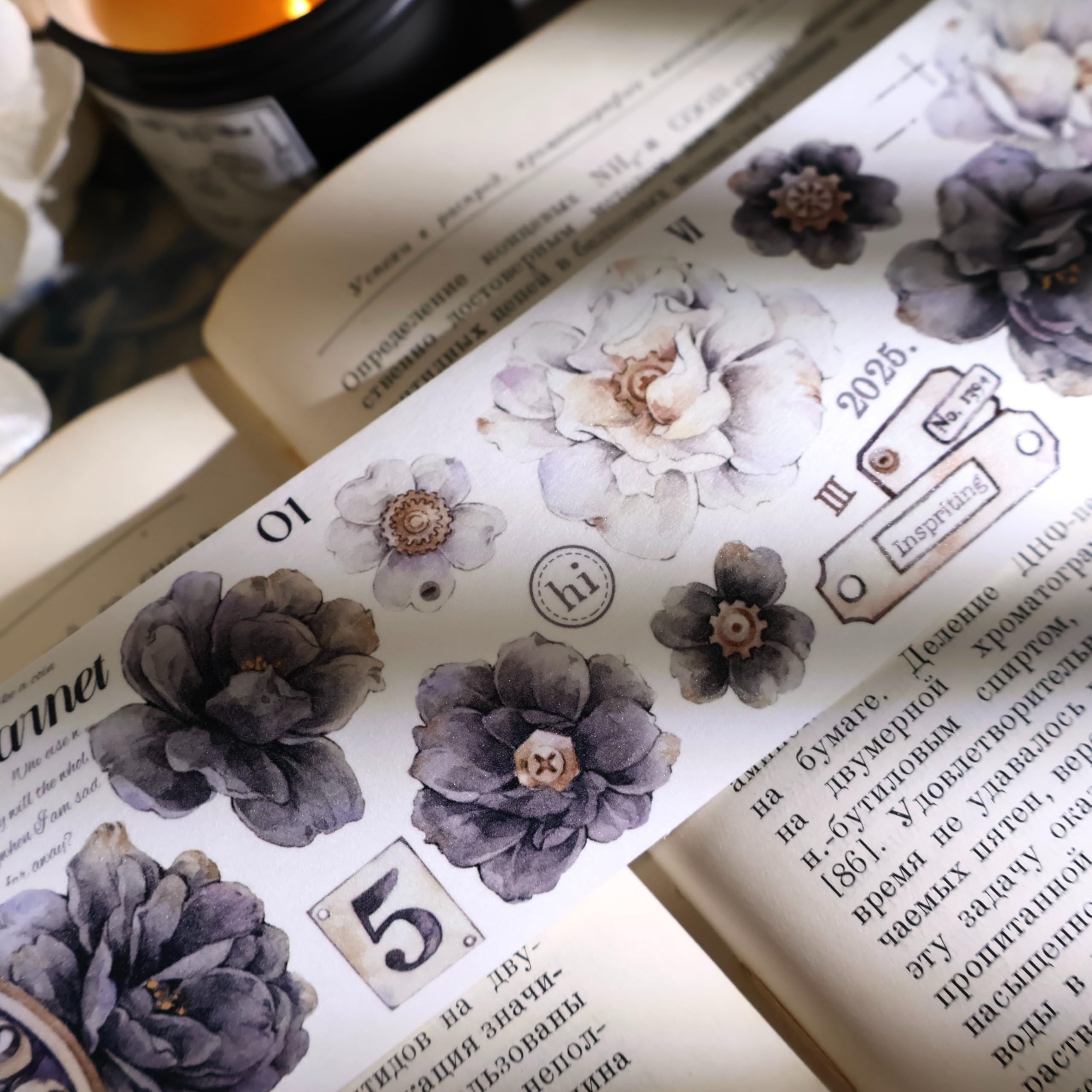 YiEr Vol13 Smoke Ink White,Floral Taiwan Washi Paper PET Tape Stickers,Original Design,for Scrapbook Supplies,Scrapbook Tape Stickers,Junk Journal Supplies