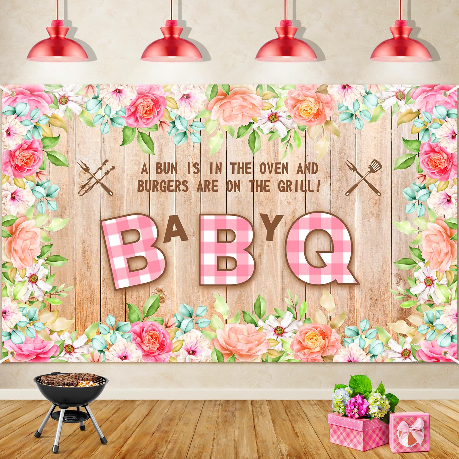 BBQ Baby Showers Decorations for Girls Large Watercolor Floral Baby Q Banner Decoration Rustic Wood Barbecue Backdrop for Gender Reveal Baby Shower